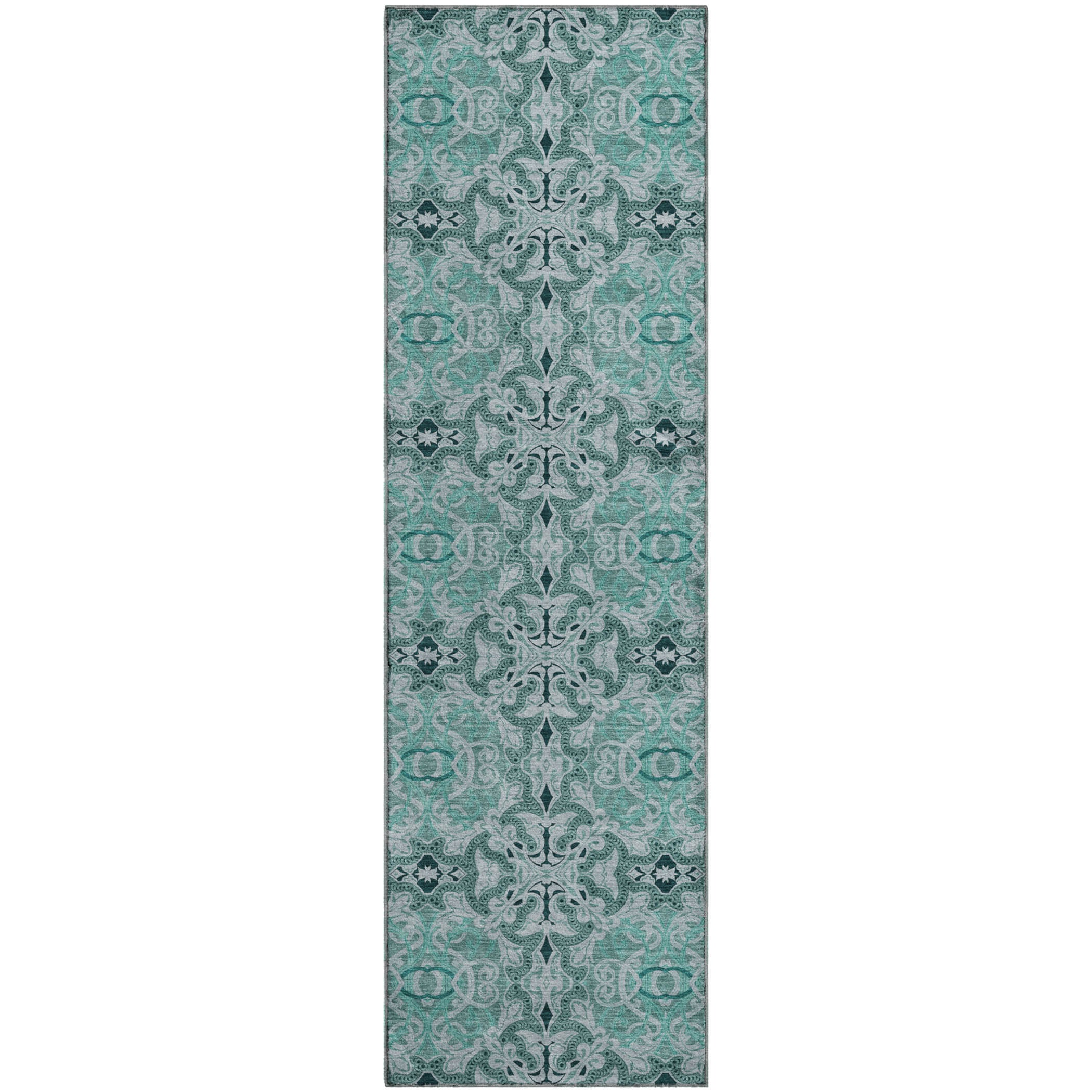 Seville Machine Washable Transitional Teal Rug 2'3" x 7'6" #shape_Runner