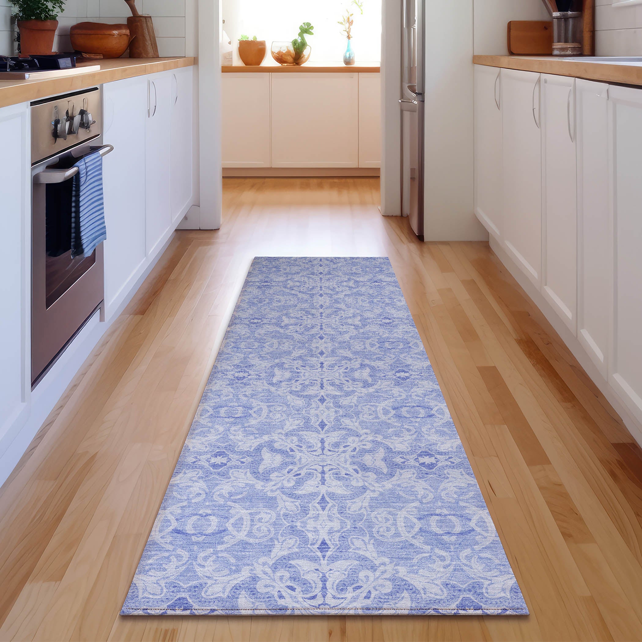 Kathmandu Machine Washable Transitional Sky Blue Rug 2'3" x 7'6" #shape_Runner