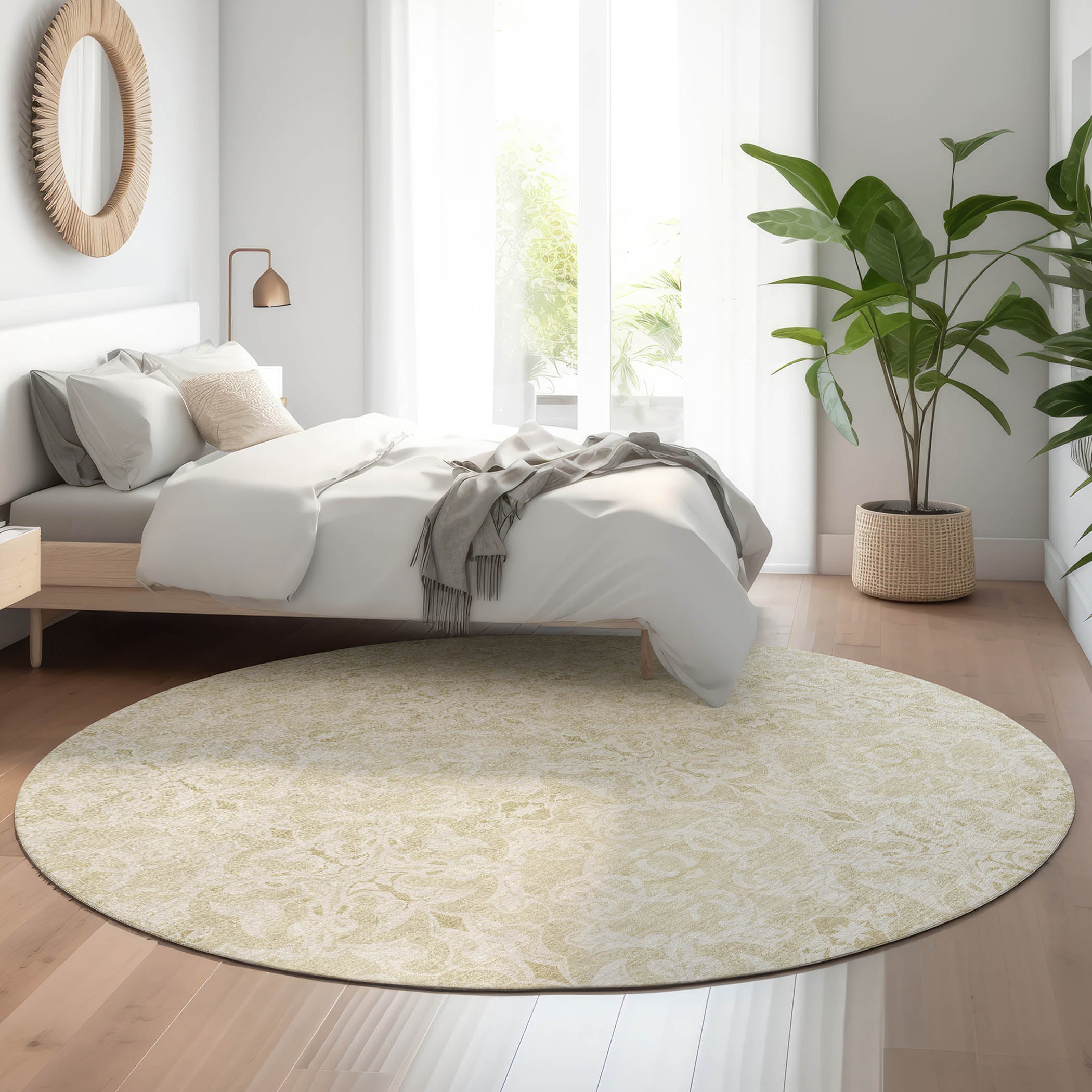 Kathmandu Machine Washable Transitional Tan Brown Rug 8' x 8' #shape_Round