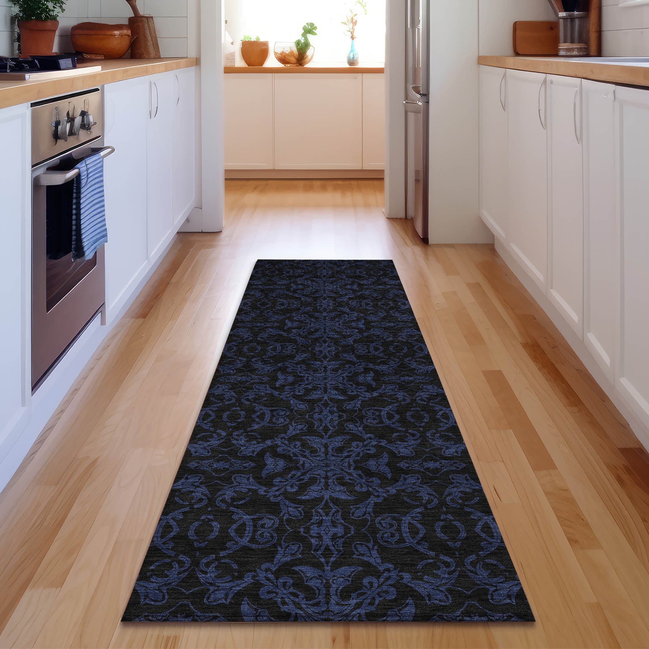 Rome Machine Washable Transitional Blue Rug 2'3" x 7'6" #shape_Runner