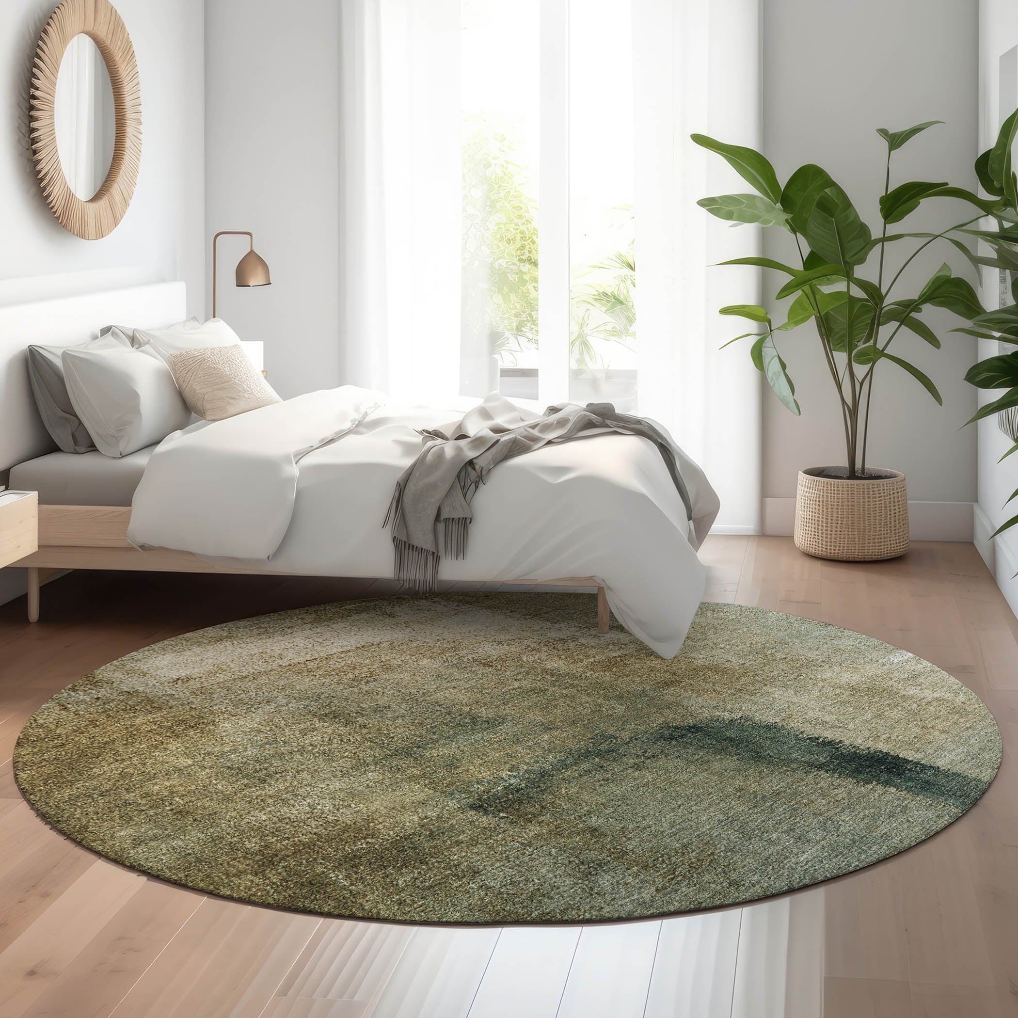 Mdina Machine Washable Transitional Brown Rug 8' x 8' #shape_Round
