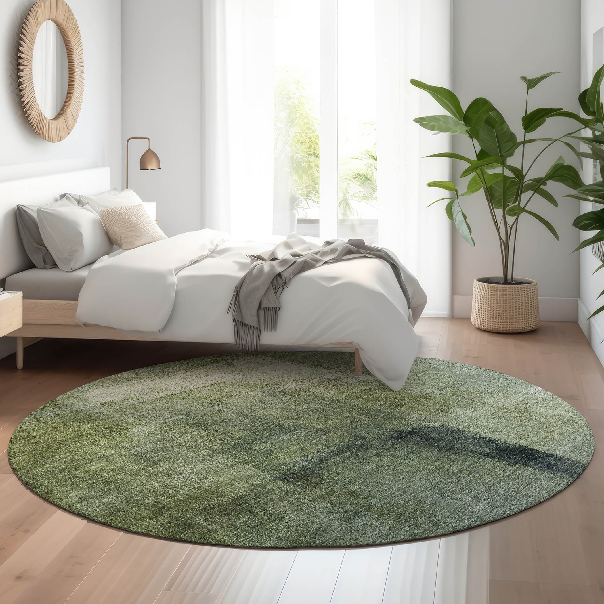 Mdina Machine Washable Transitional Green Rug 8' x 8' #shape_Round