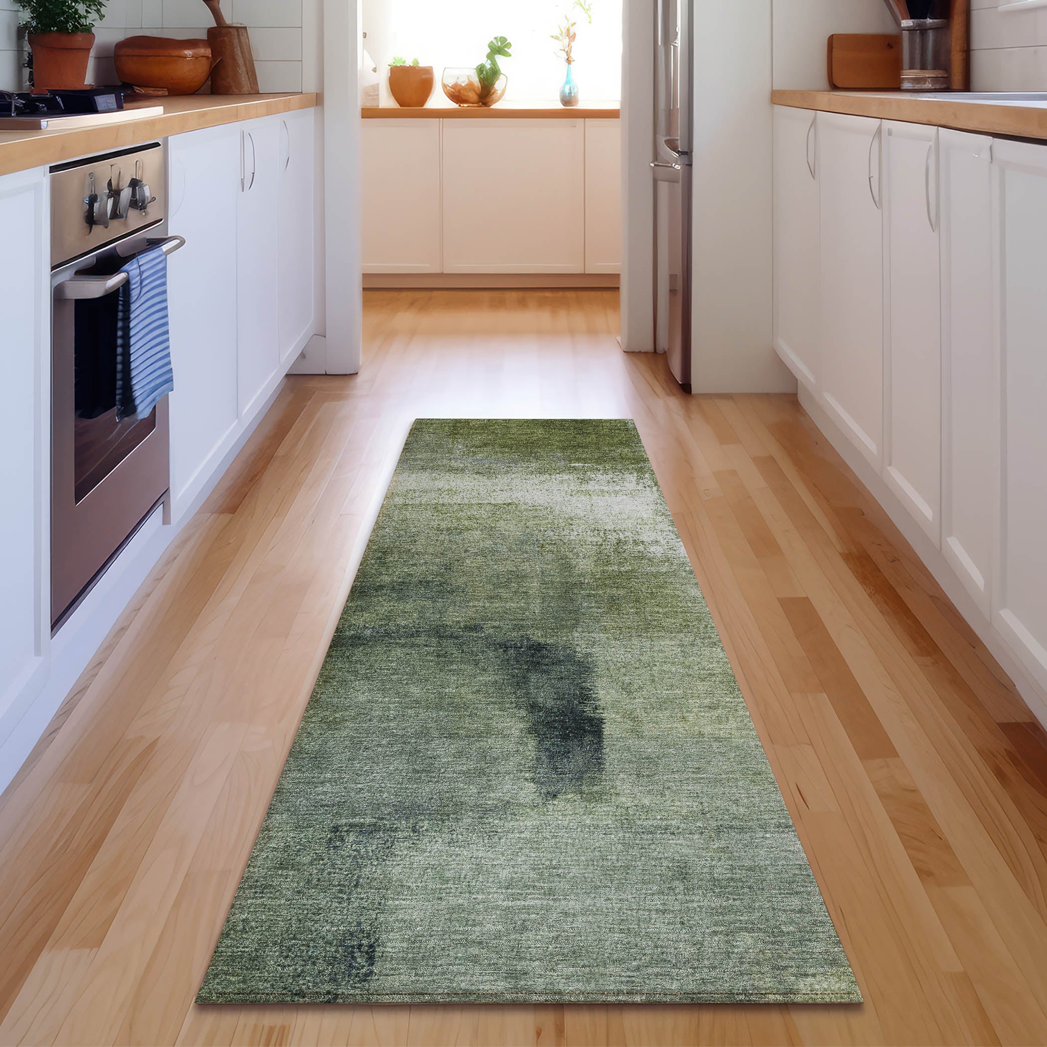 Mdina Machine Washable Transitional Green Rug 2'3" x 7'6" #shape_Runner