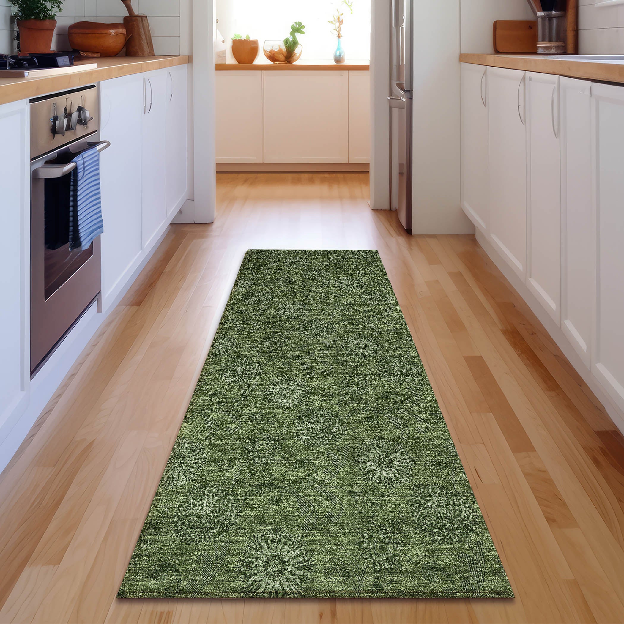 Bangkok Machine Washable Transitional Olive Green Rug 2'3" x 7'6" #shape_Runner