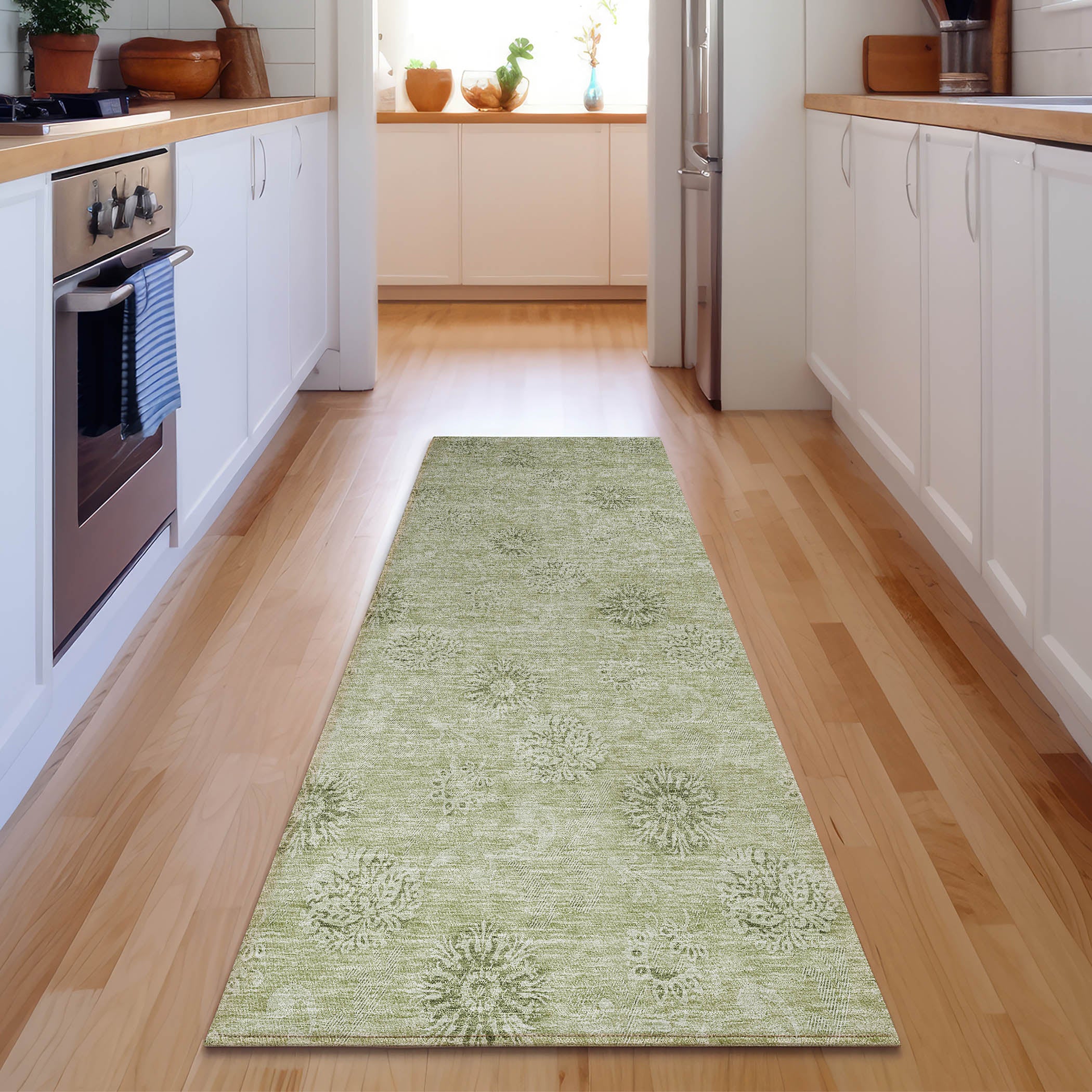 Kyoto Machine Washable Transitional Sage Green Rug 2'3" x 7'6" #shape_Runner