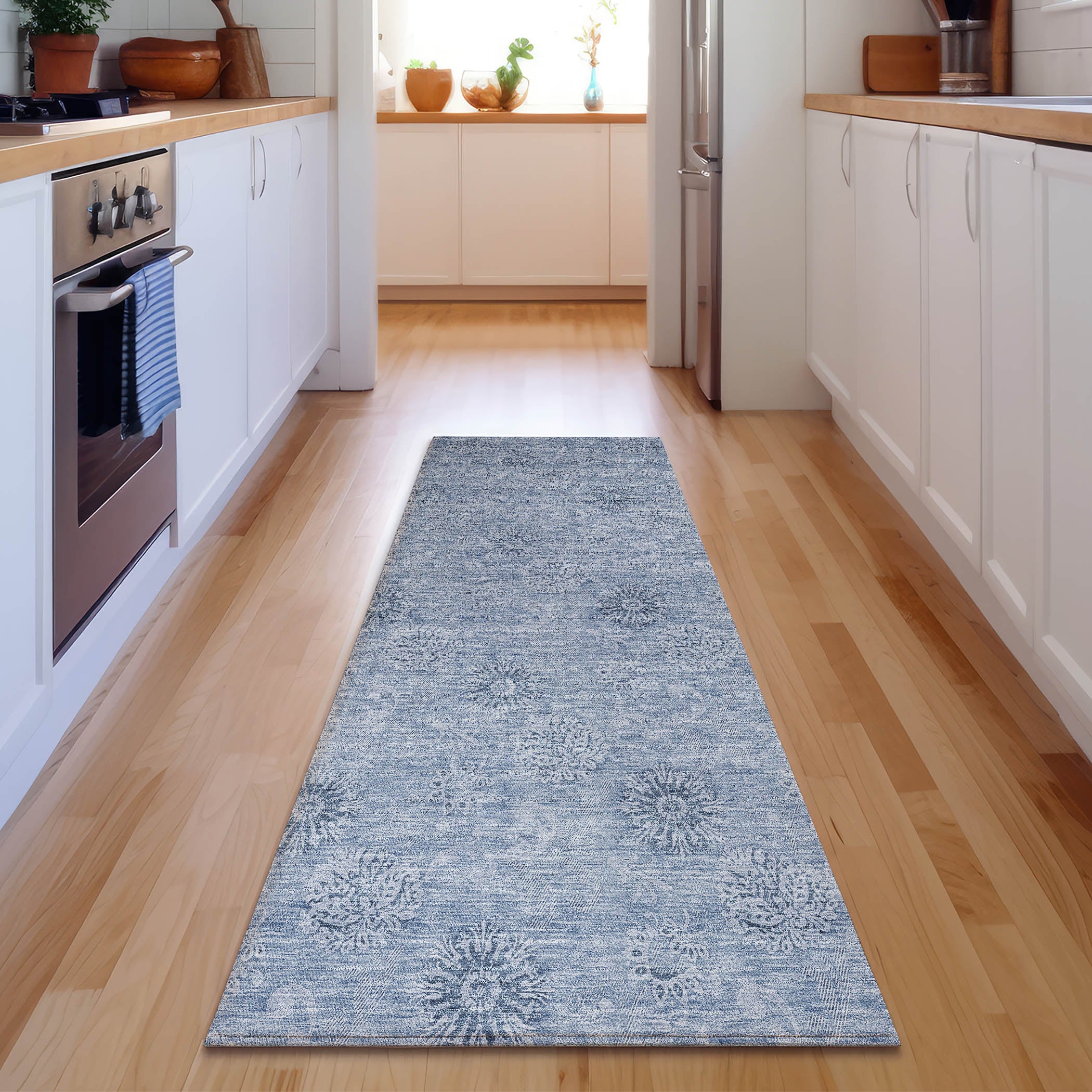 Kyoto Machine Washable Transitional Sky Blue Rug 2'3" x 7'6" #shape_Runner
