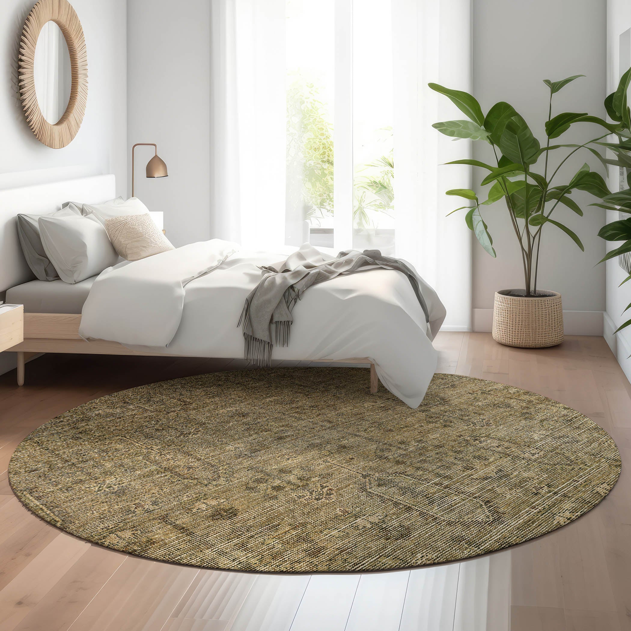 Lima Machine Washable Transitional Brown Rug 8' x 8' #shape_Round