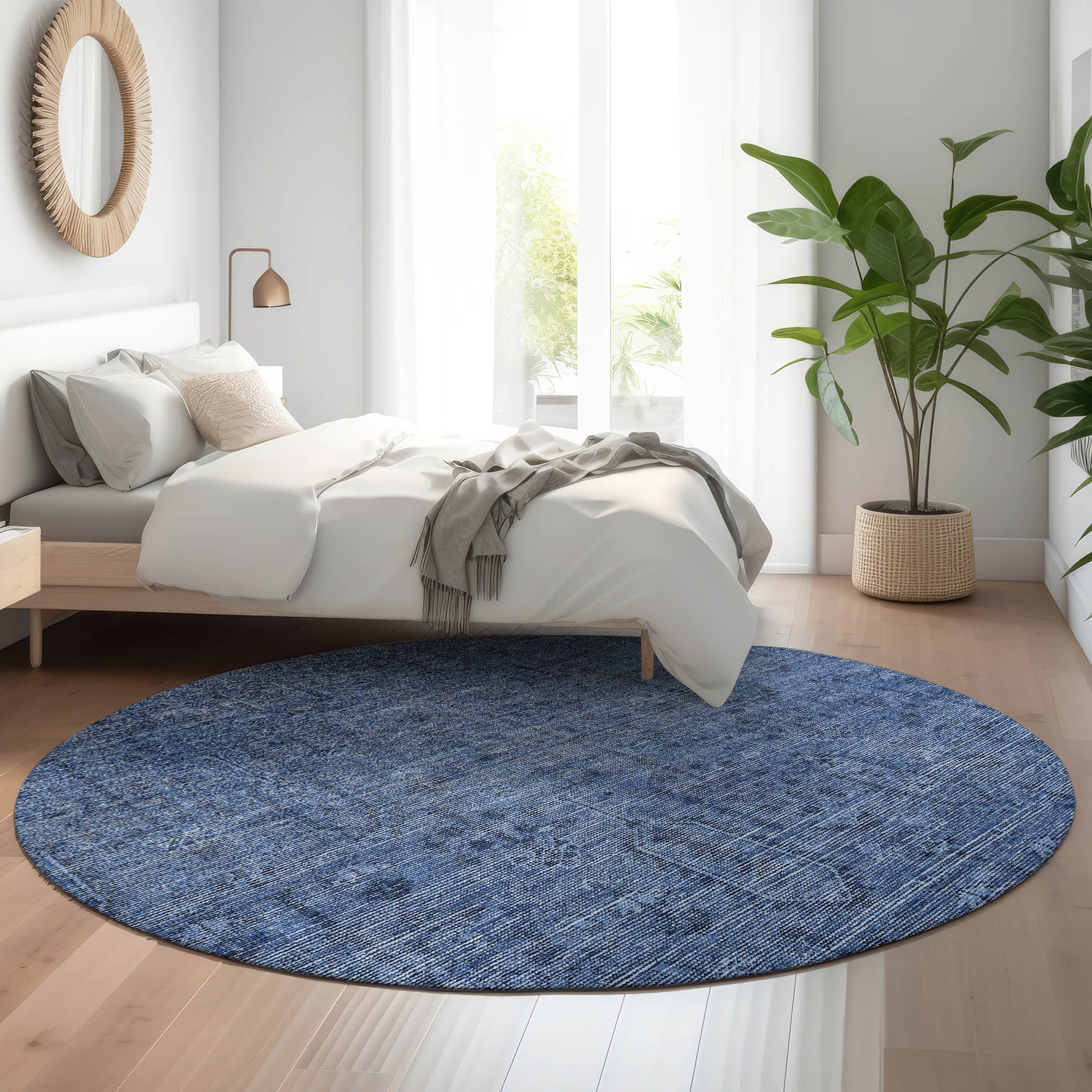 Lima Machine Washable Transitional Navy Blue Rug 8' x 8' #shape_Round