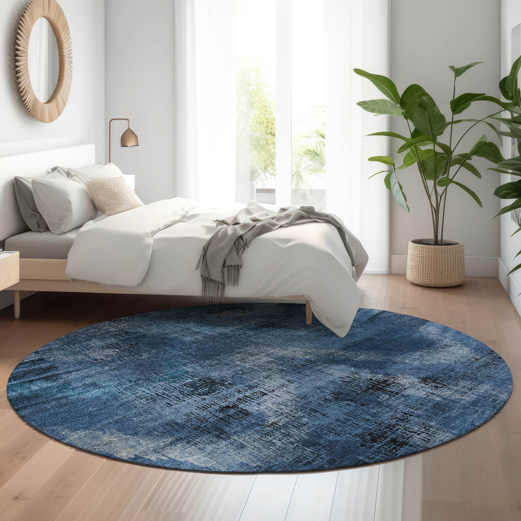 Istanbul Machine Washable Transitional Blue Rug 8' x 8' #shape_Round