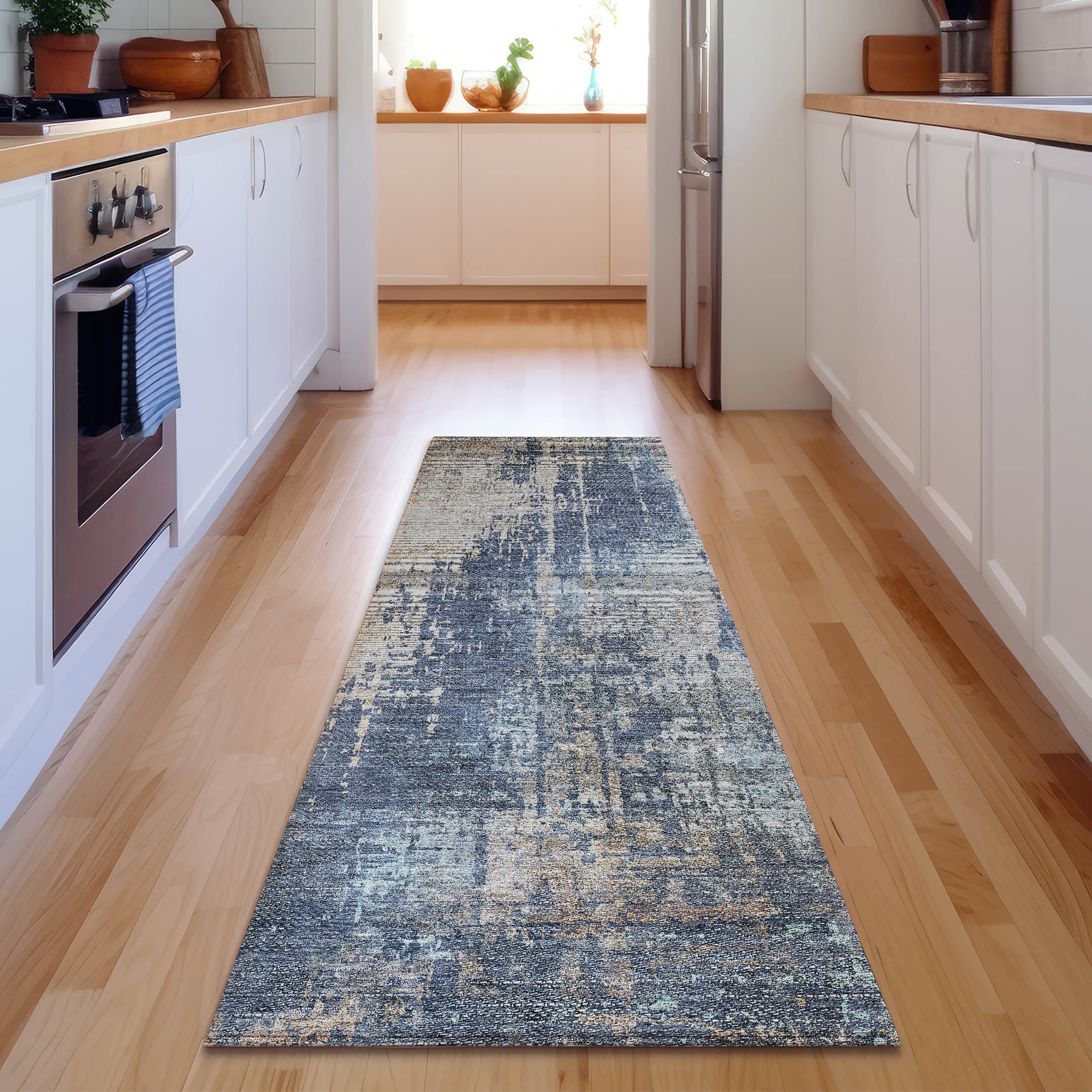 Florence Machine Washable Transitional Navy Blue Rug 2'3" x 7'6" #shape_Runner