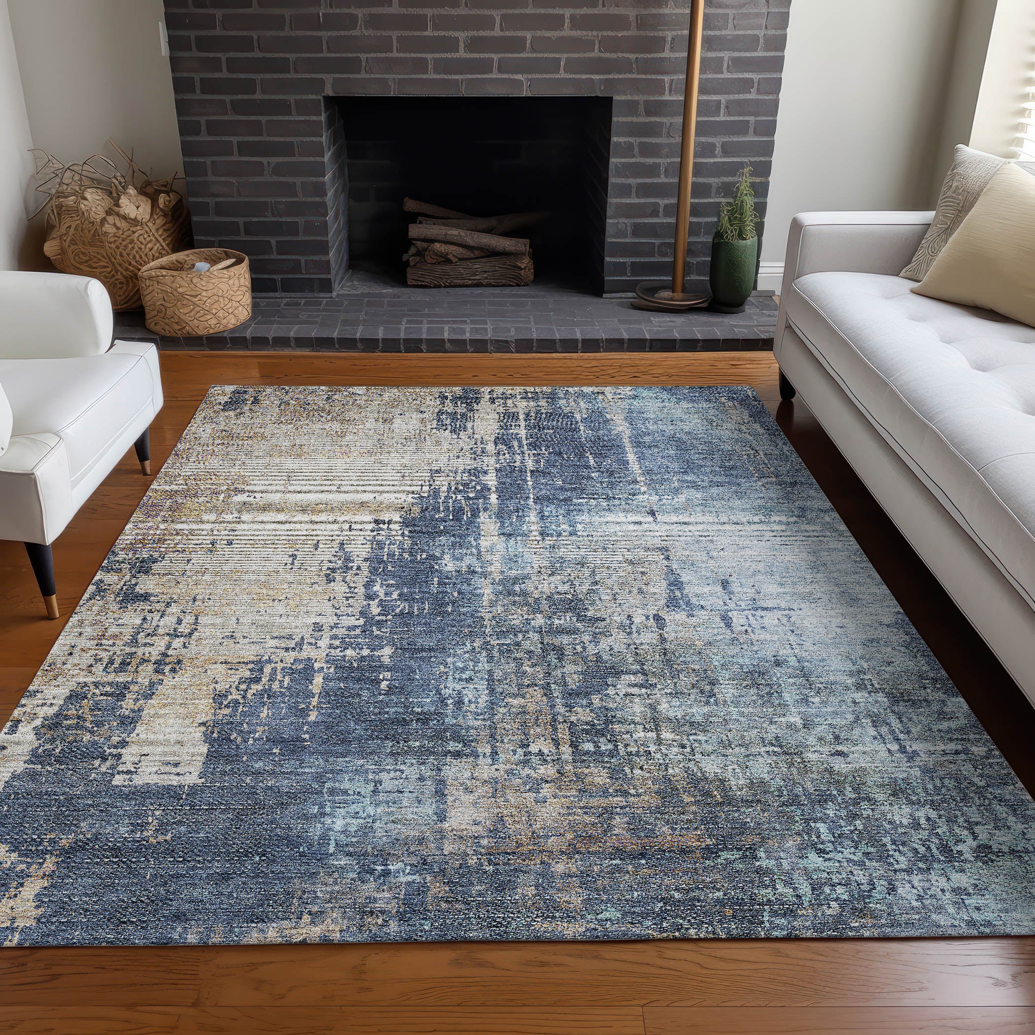 Florence Machine Washable Transitional Navy Blue Rug 2'6" x 3'10" #shape_Rectangle