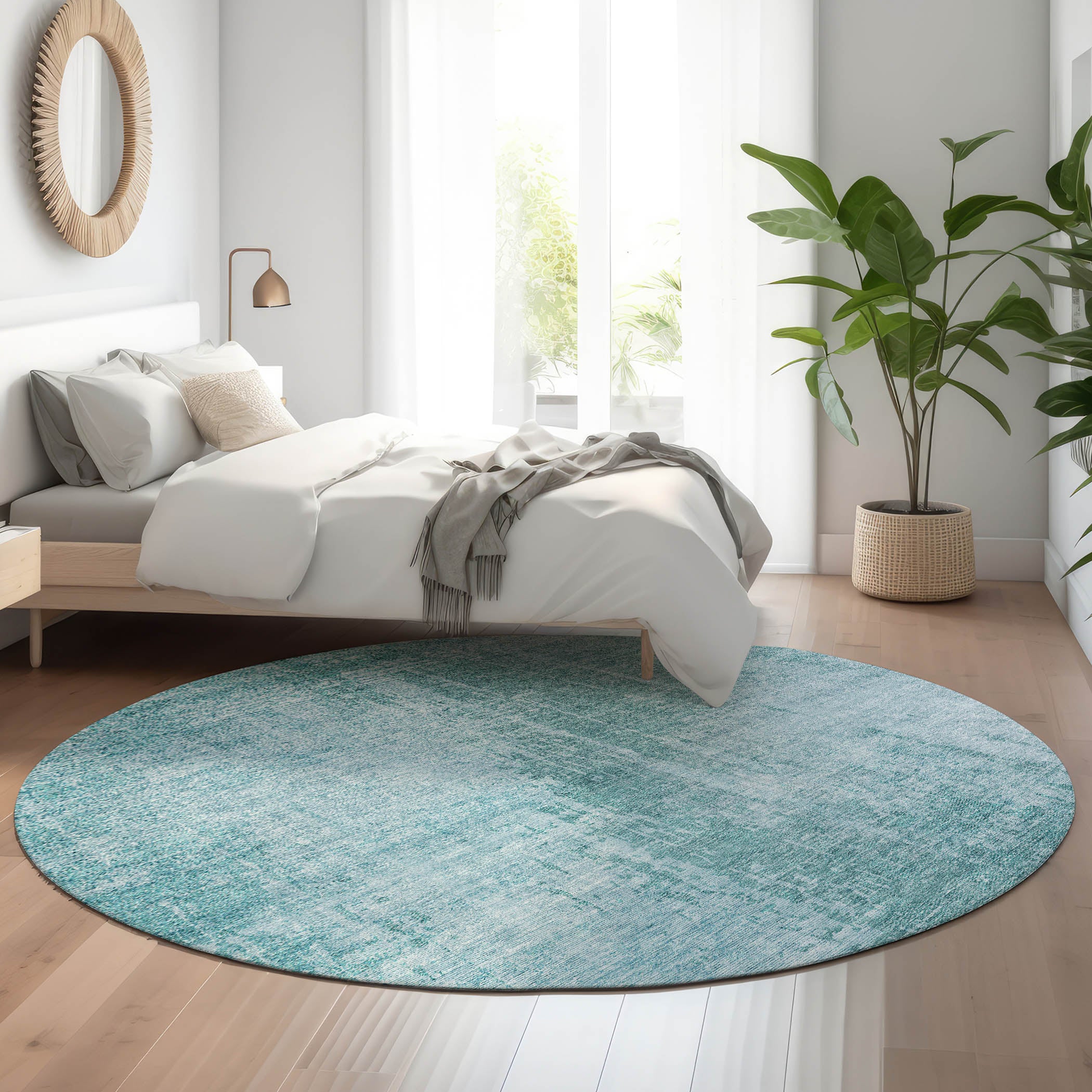 Siena Machine Washable Transitional Aqua Teal Rug 8' x 8' #shape_Round