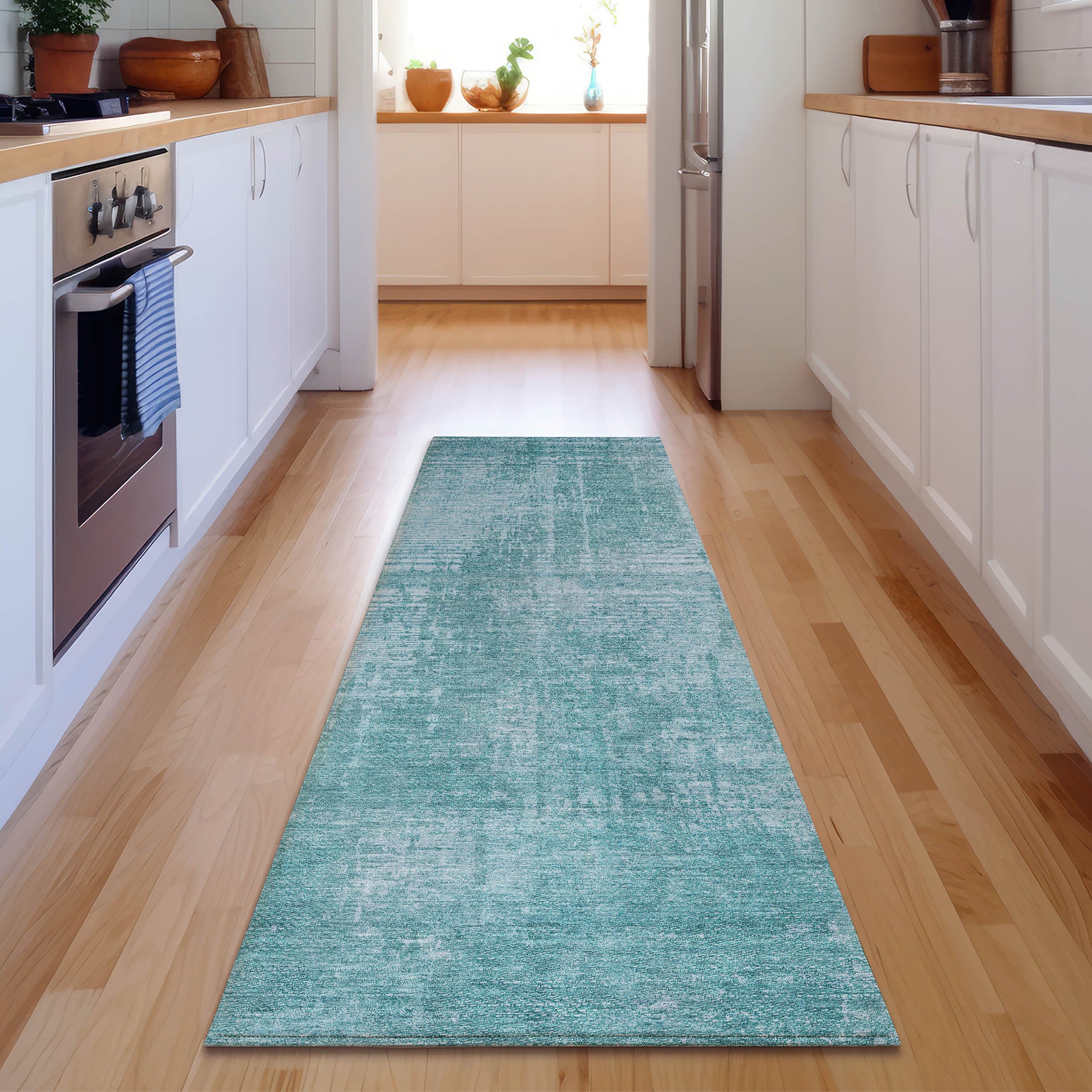 Siena Machine Washable Transitional Aqua Teal Rug 2'3" x 7'6" #shape_Runner