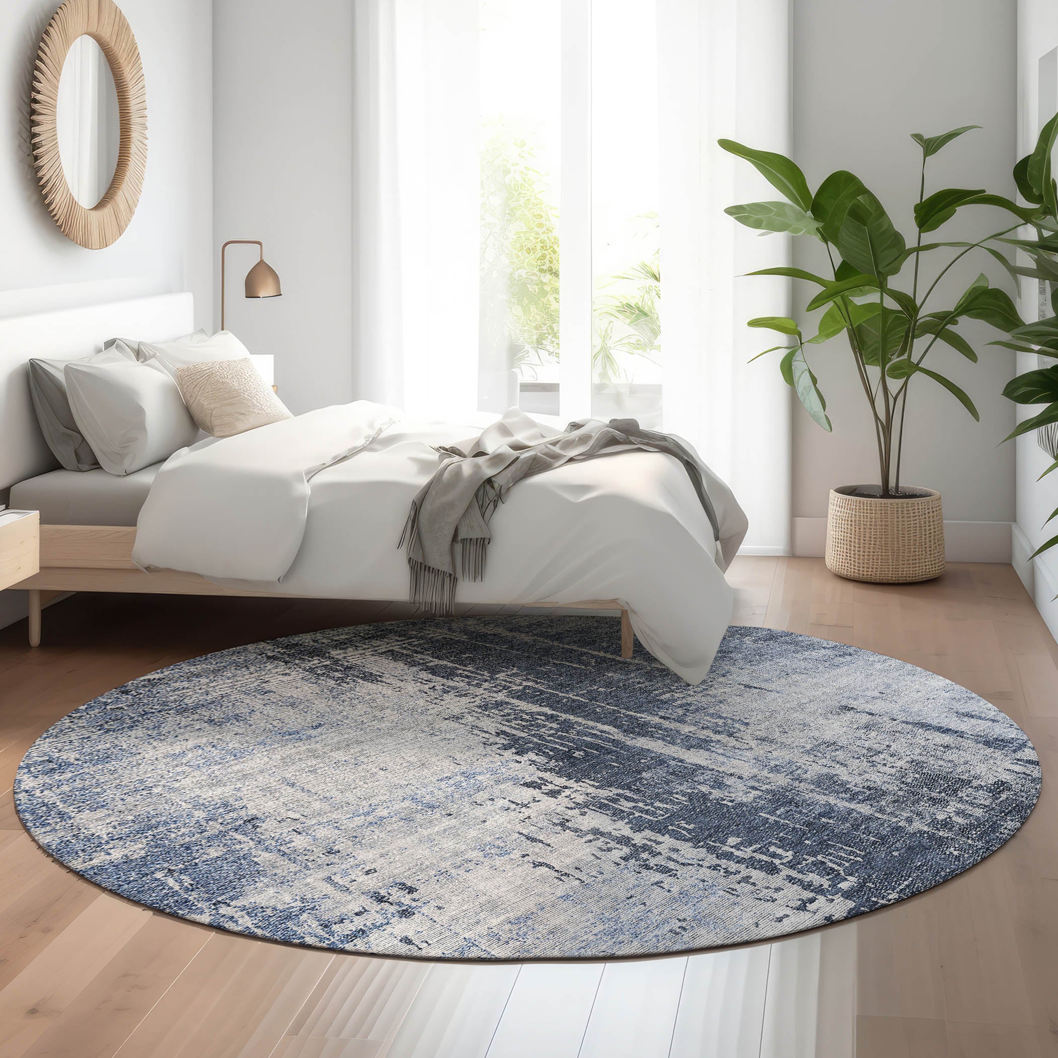 Siena Machine Washable Transitional Navy Blue Rug 8' x 8' #shape_Round