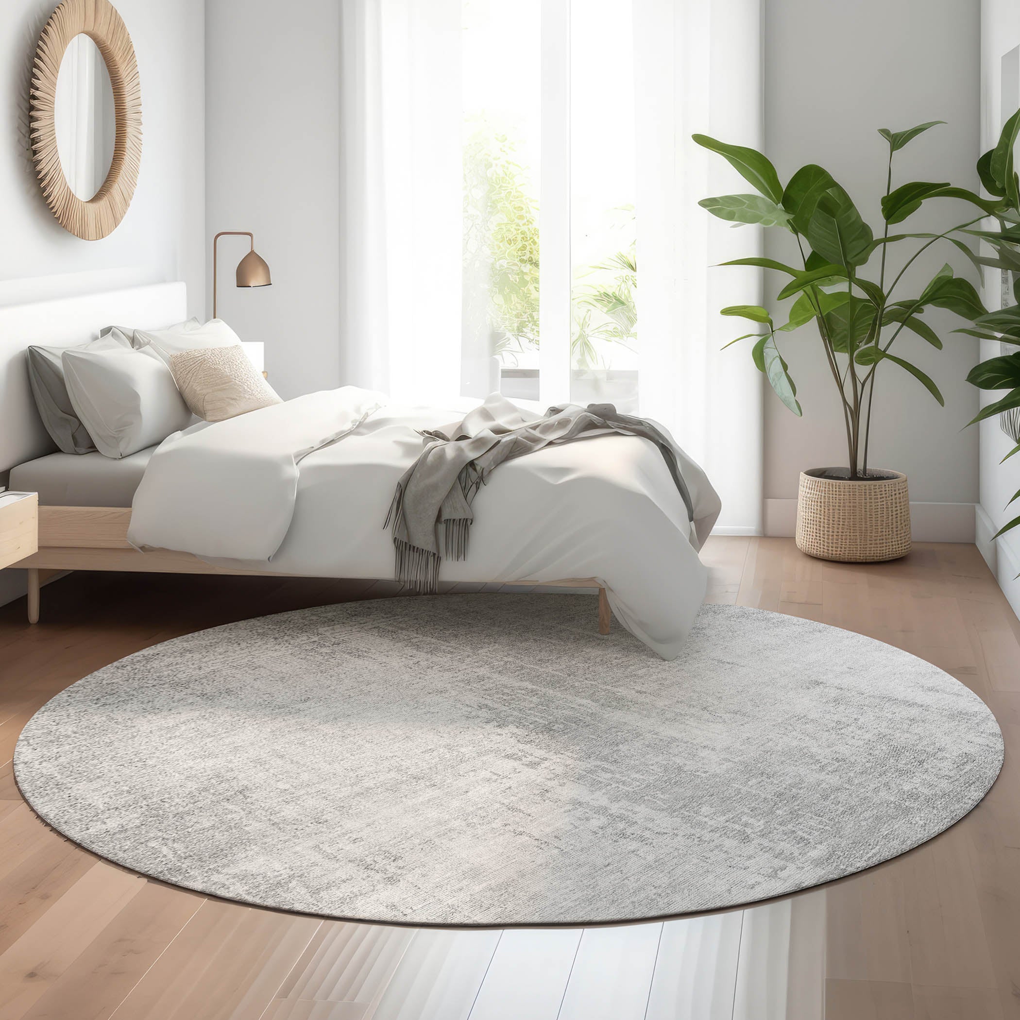 Siena Machine Washable Transitional Silver Gray Rug 8' x 8' #shape_Round