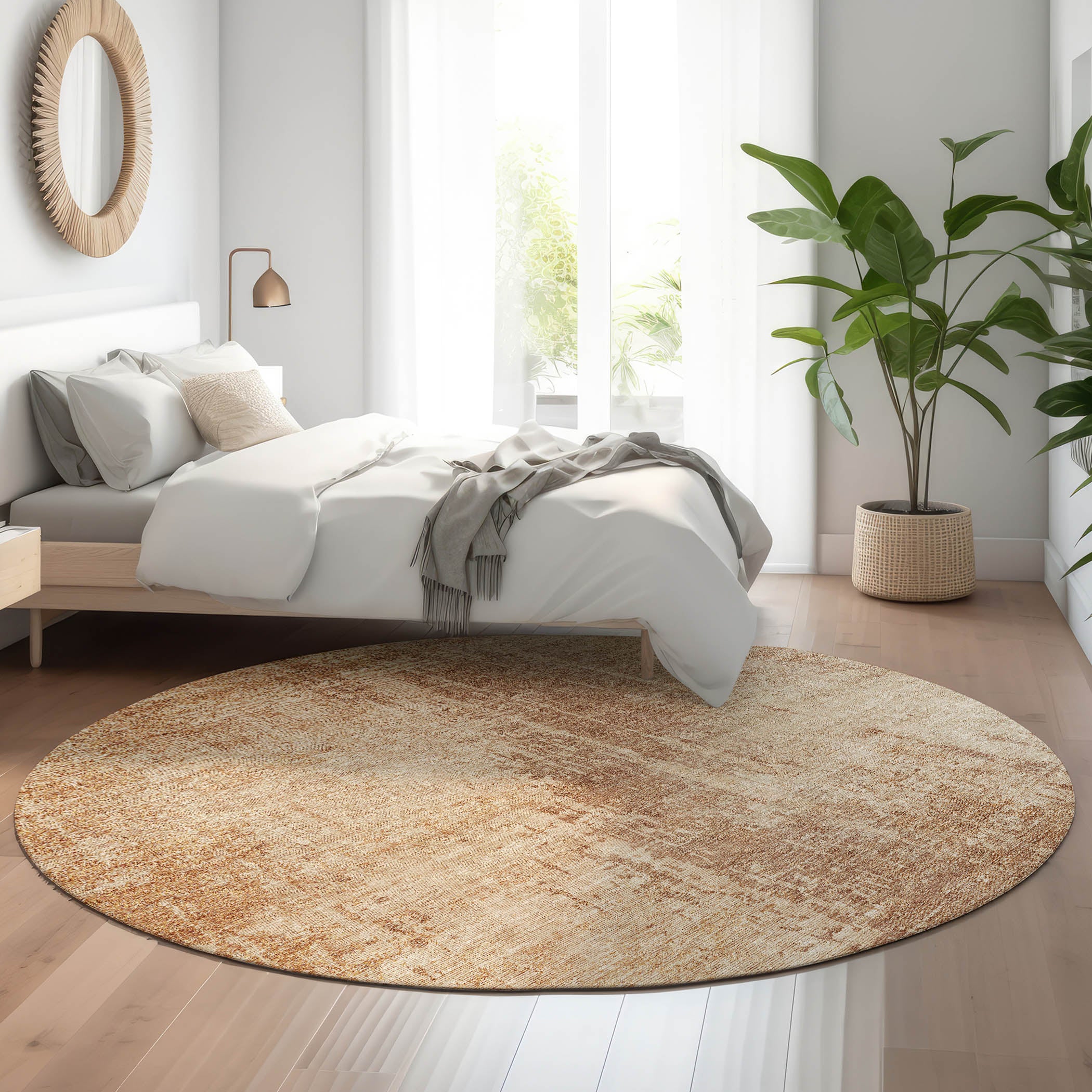 Siena Machine Washable Transitional Terracotta Orange Rug 8' x 8' #shape_Round