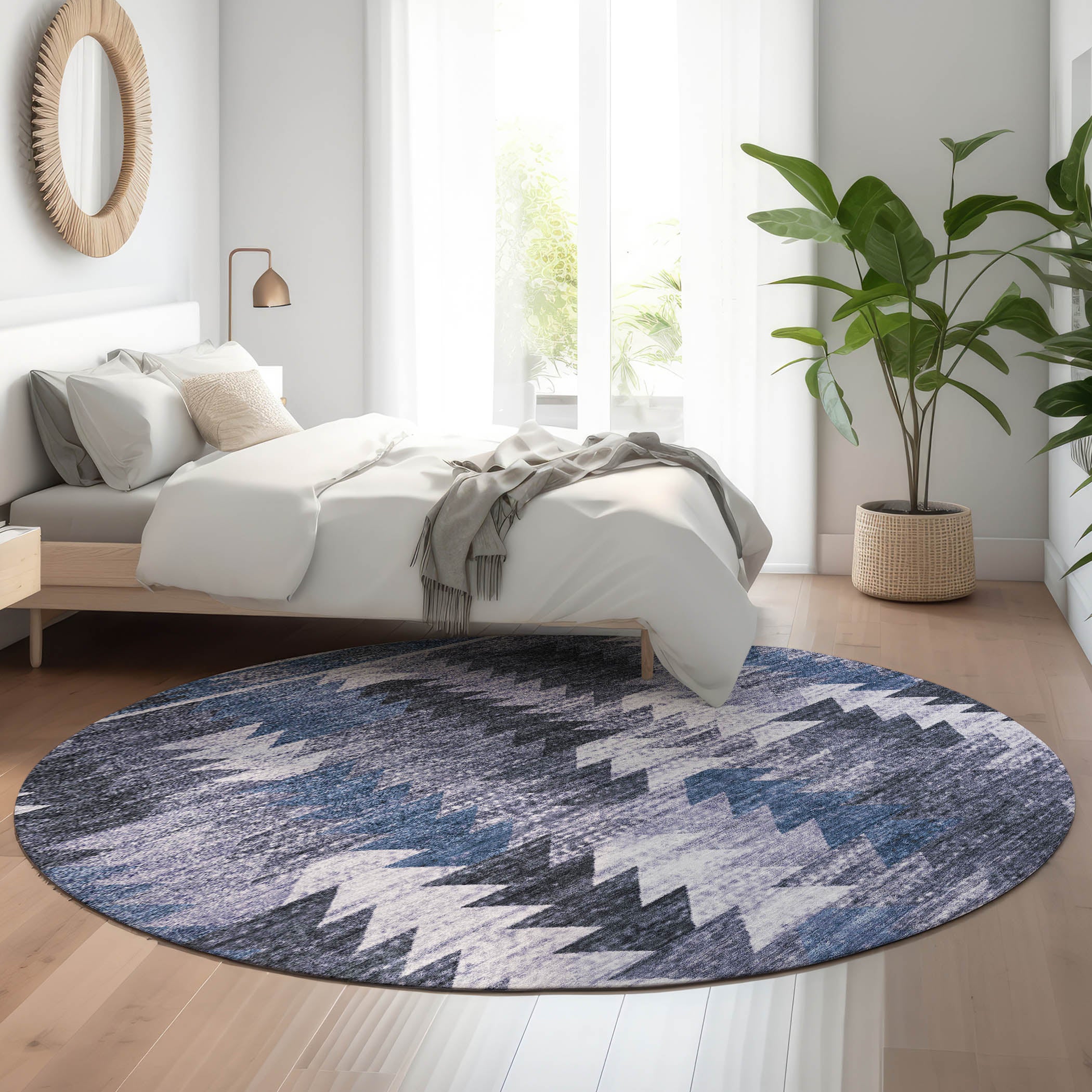 Chiang Mai Machine Washable Transitional Blue Rug 8' x 8' #shape_Round