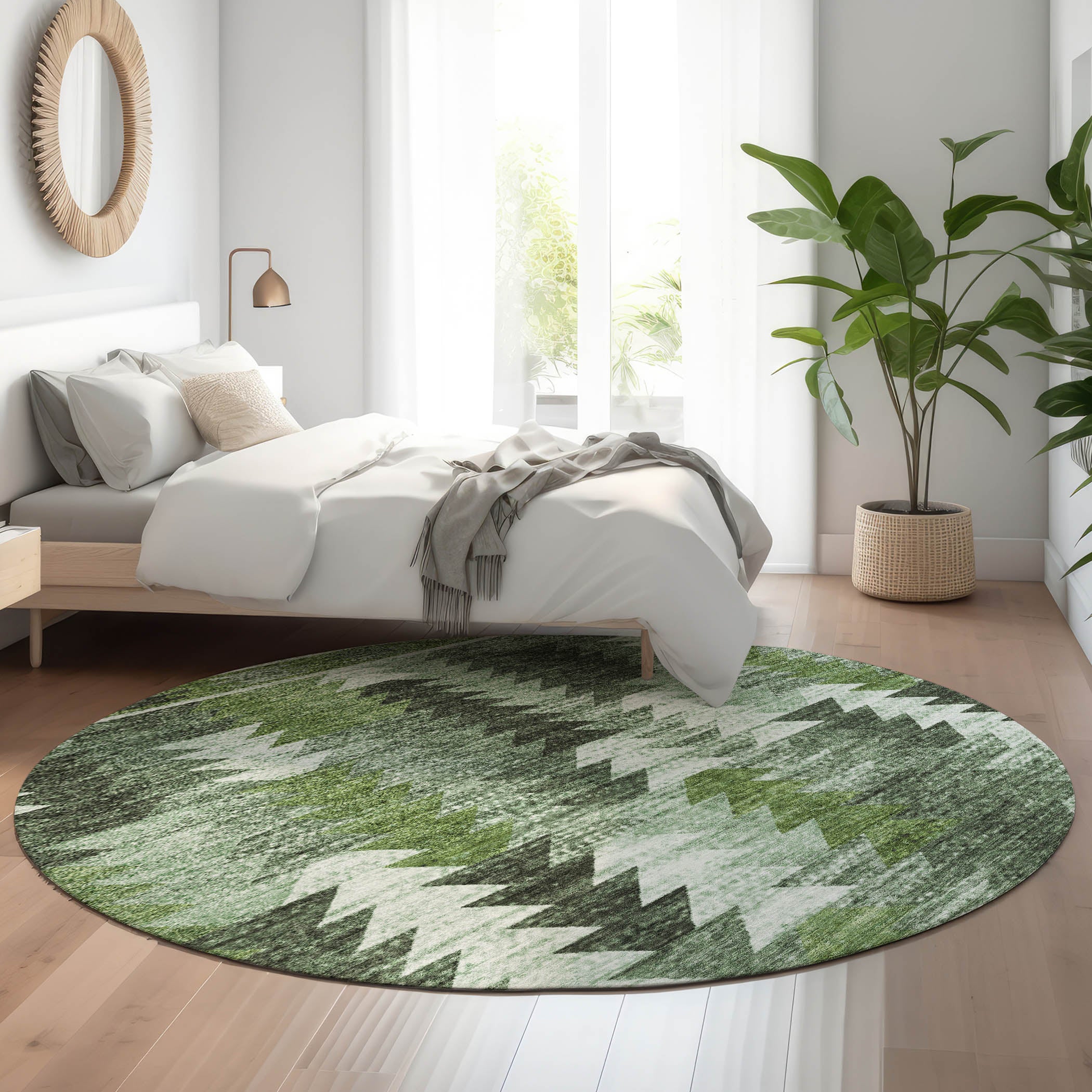 Chiang Mai Machine Washable Transitional Olive Green Rug 8' x 8' #shape_Round