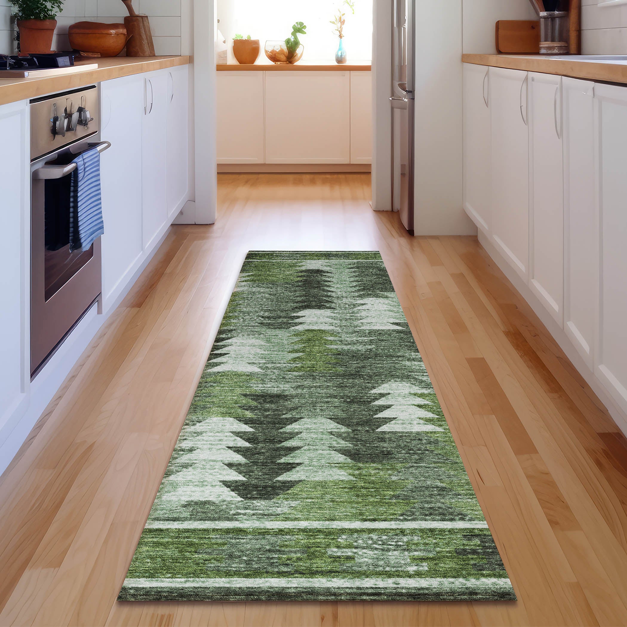 Chiang Mai Machine Washable Transitional Olive Green Rug 2'3" x 7'6" #shape_Runner