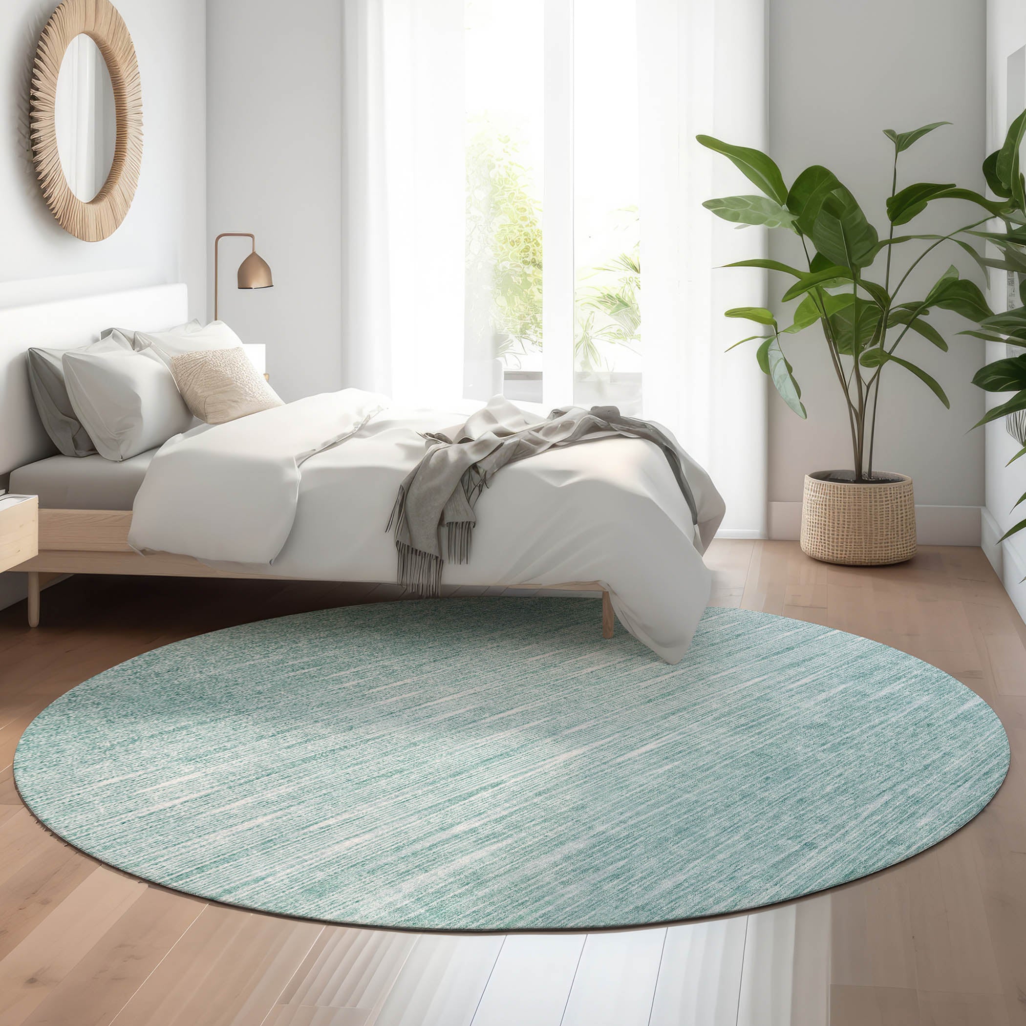 Budapest Machine Washable Transitional Aqua Teal Rug 8' x 8' #shape_Round