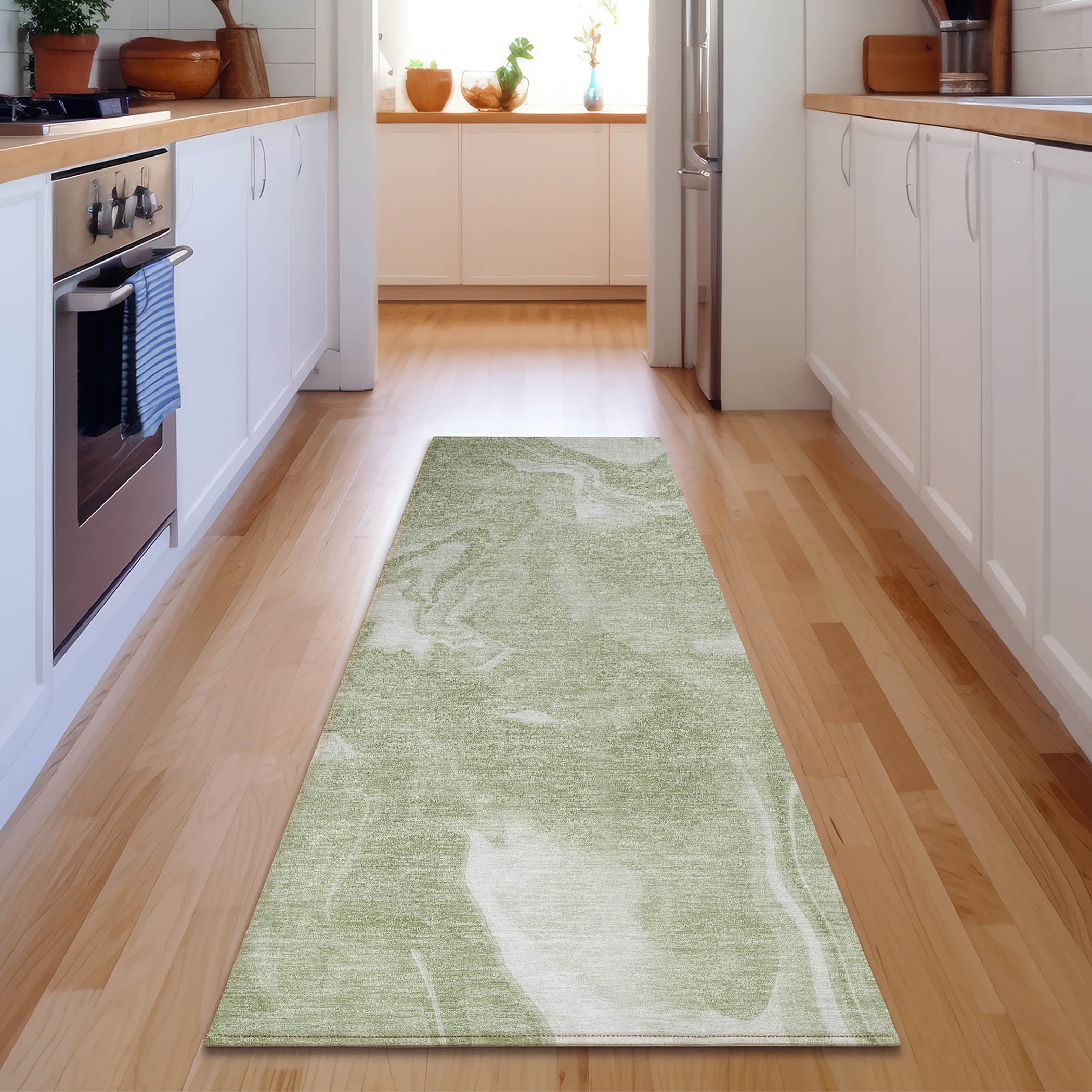 Kyoto Machine Washable Transitional Aloe Green Rug 2'3" x 7'6" #shape_Runner