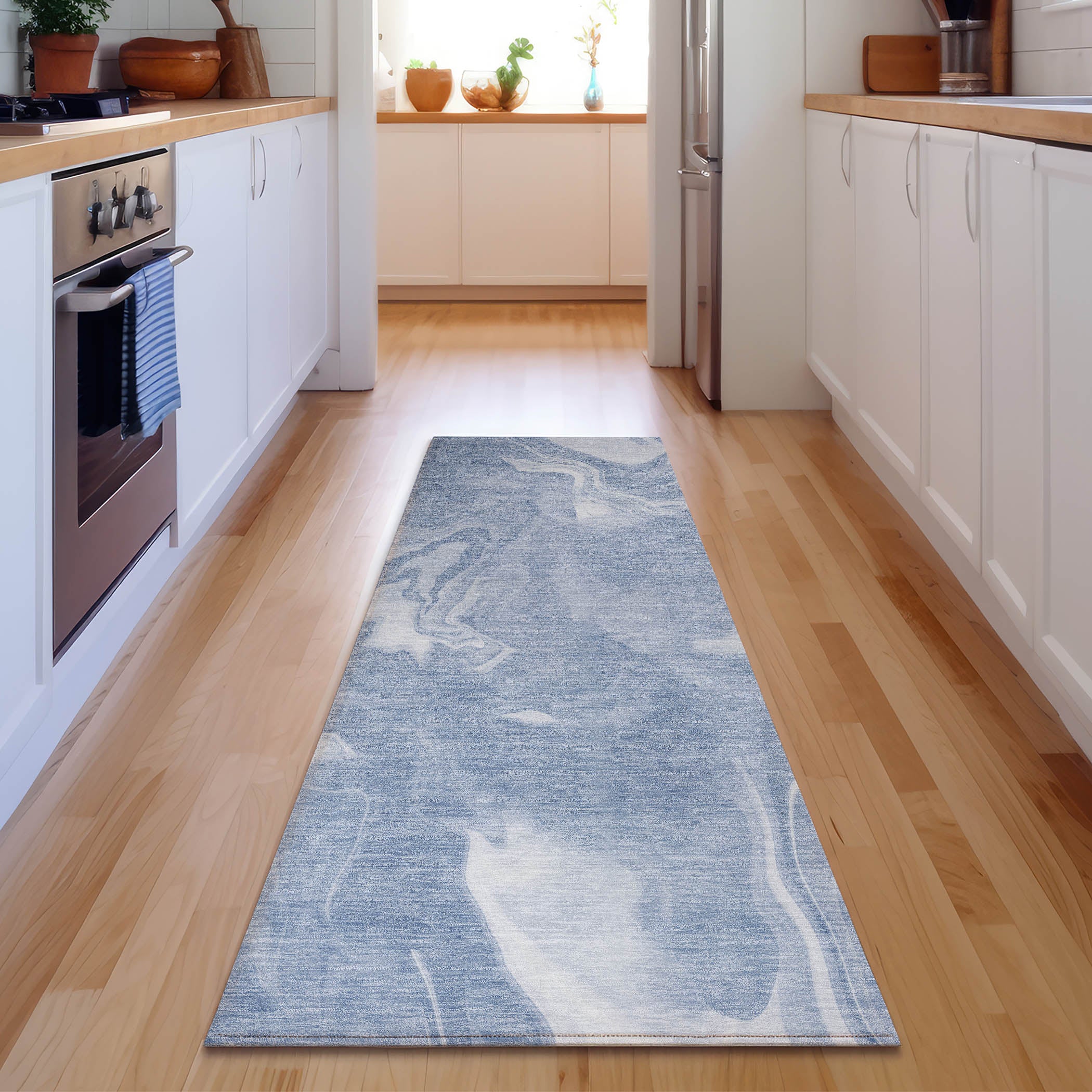 Kyoto Machine Washable Transitional Blue Rug 2'3" x 7'6" #shape_Runner