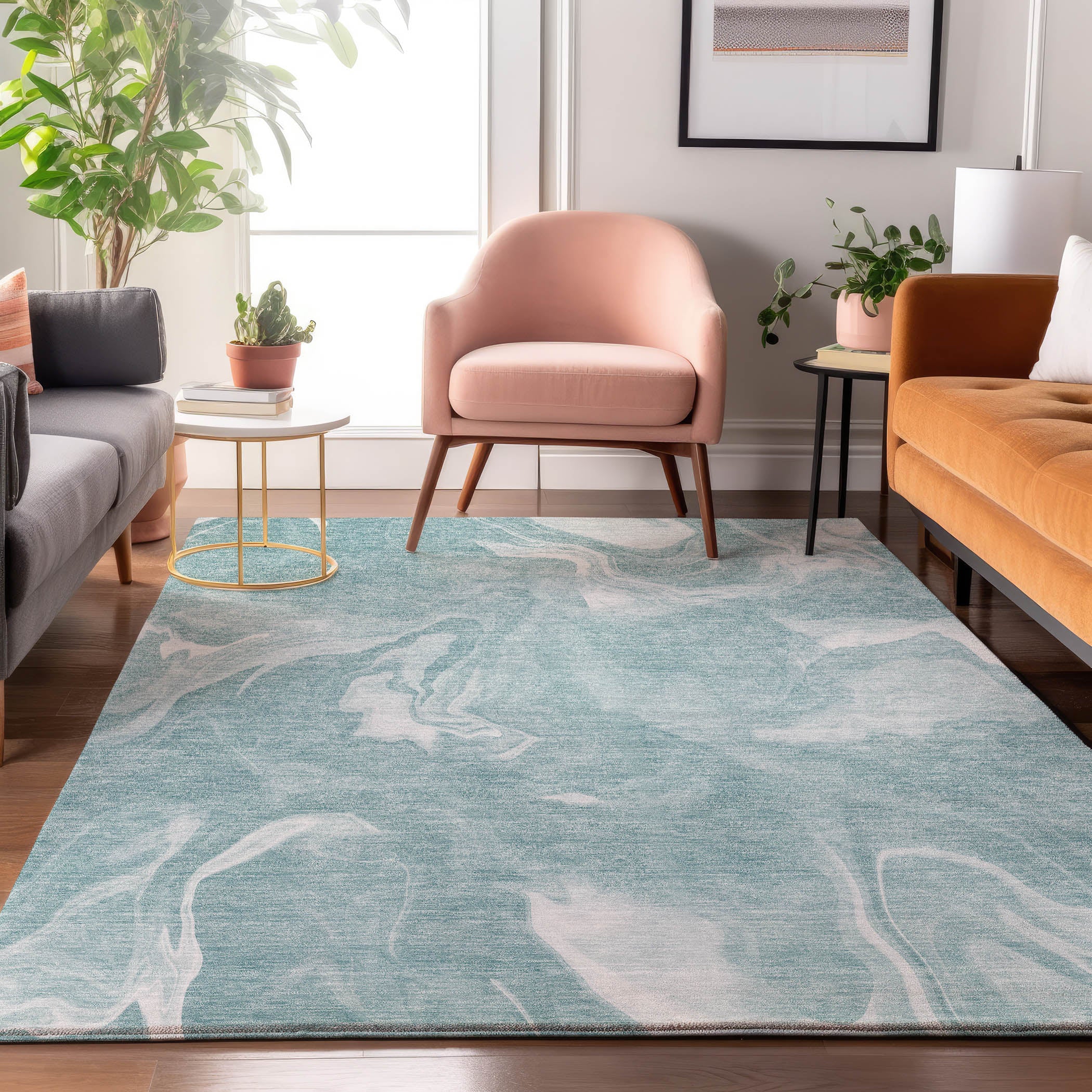 Kyoto Machine Washable Transitional Teal Rug 2'6" x 3'10" #shape_Rectangle