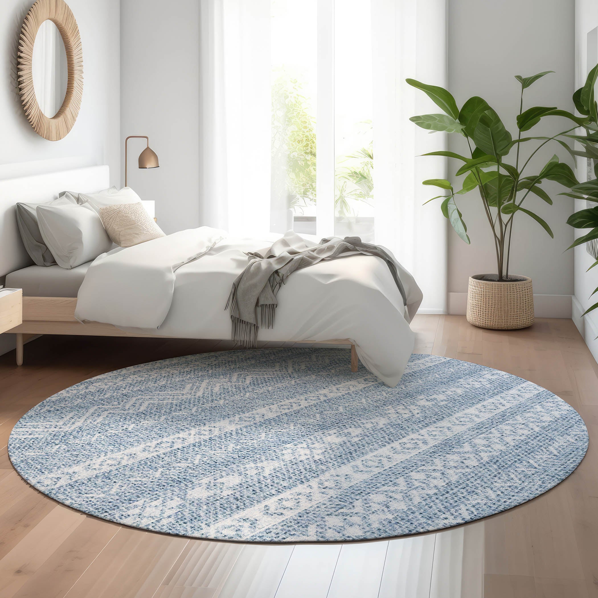Sarajevo Machine Washable Transitional Blue Rug 8' x 8' #shape_Round