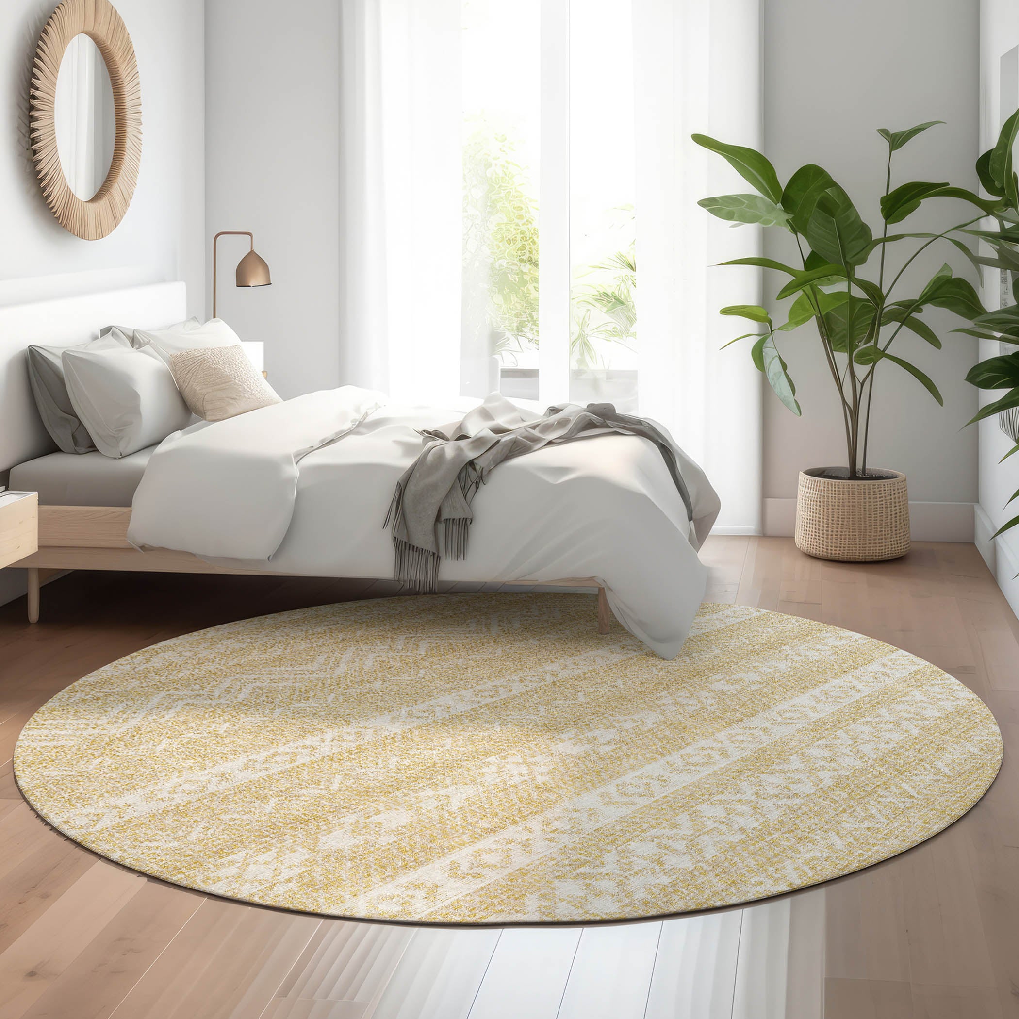 Sarajevo Machine Washable Transitional Gold Rug 8' x 8' #shape_Round