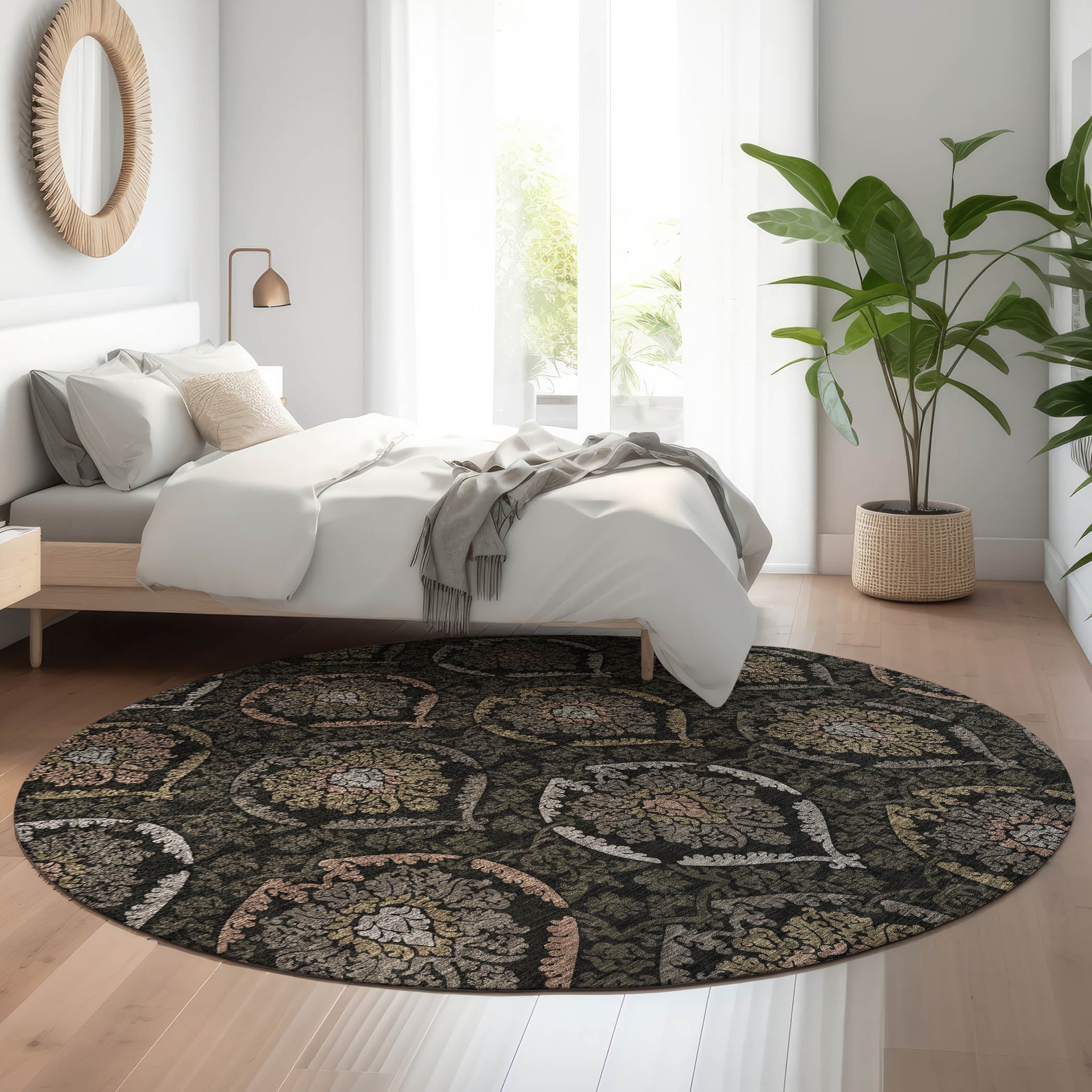 Salzburg Machine Washable Transitional Black Rug 8' x 8' #shape_Round