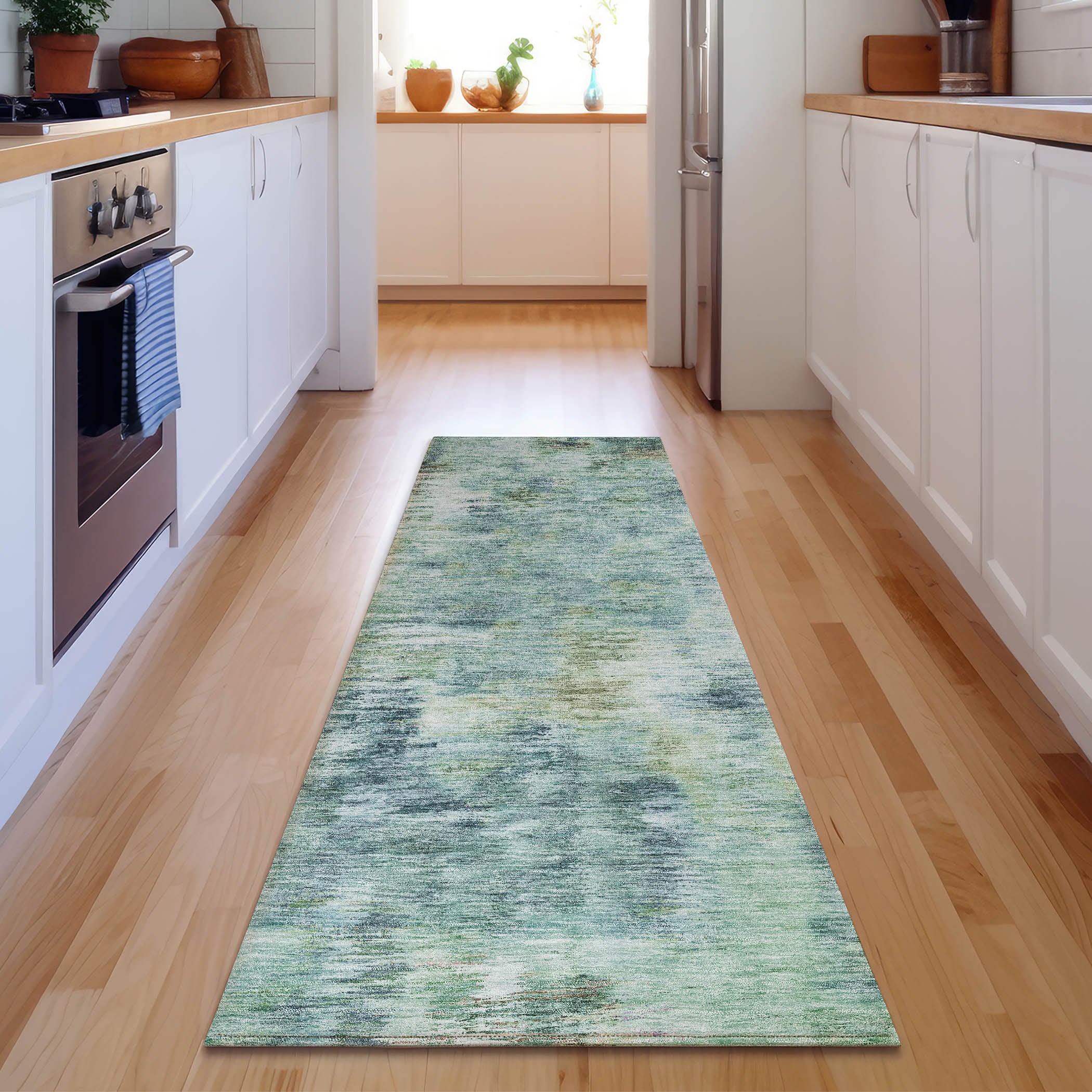 Lucerne Machine Washable Transitional Teal Rug 2'3" x 7'6" #shape_Runner