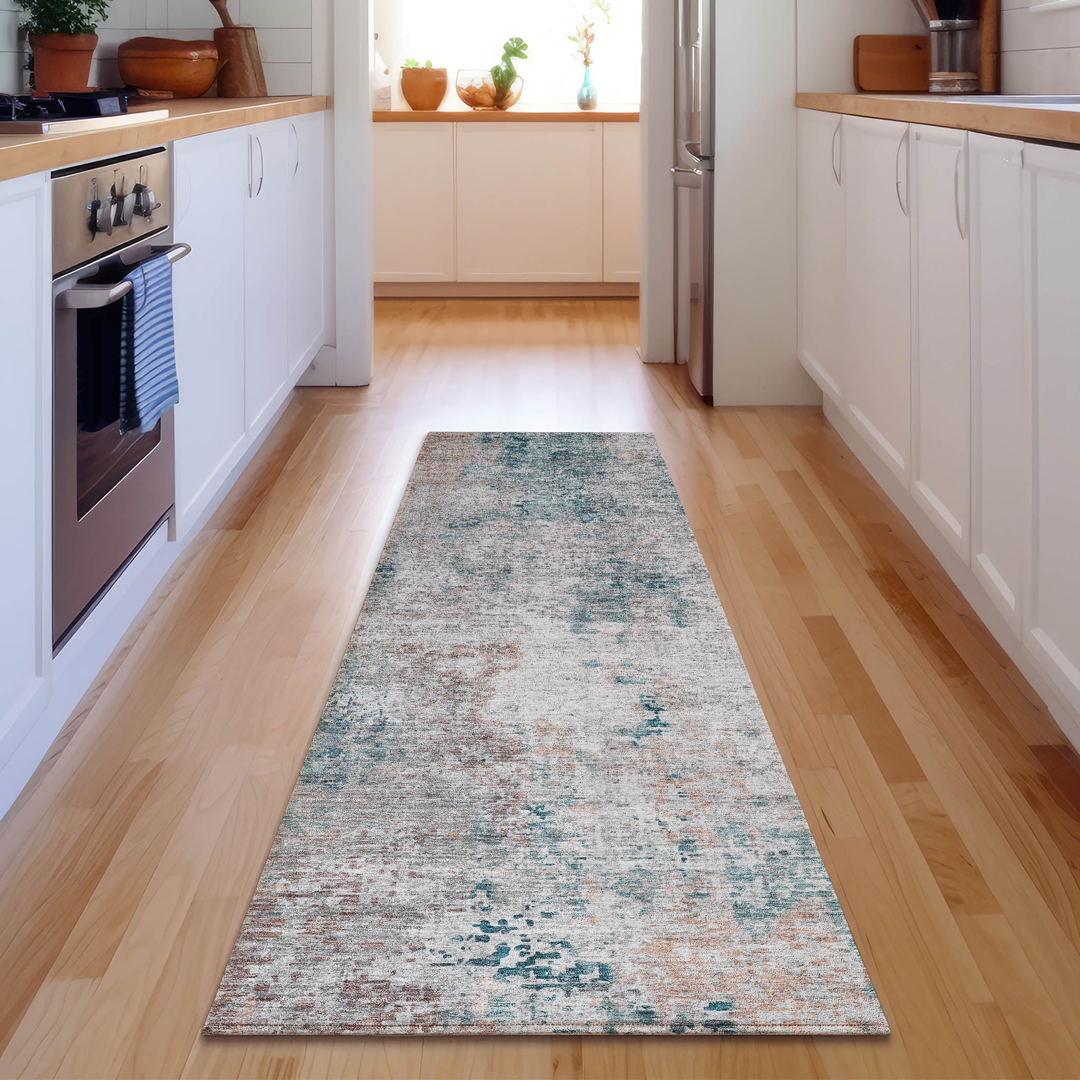 Seville Machine Washable Transitional Teal Rug 2'3" x 7'6" #shape_Runner