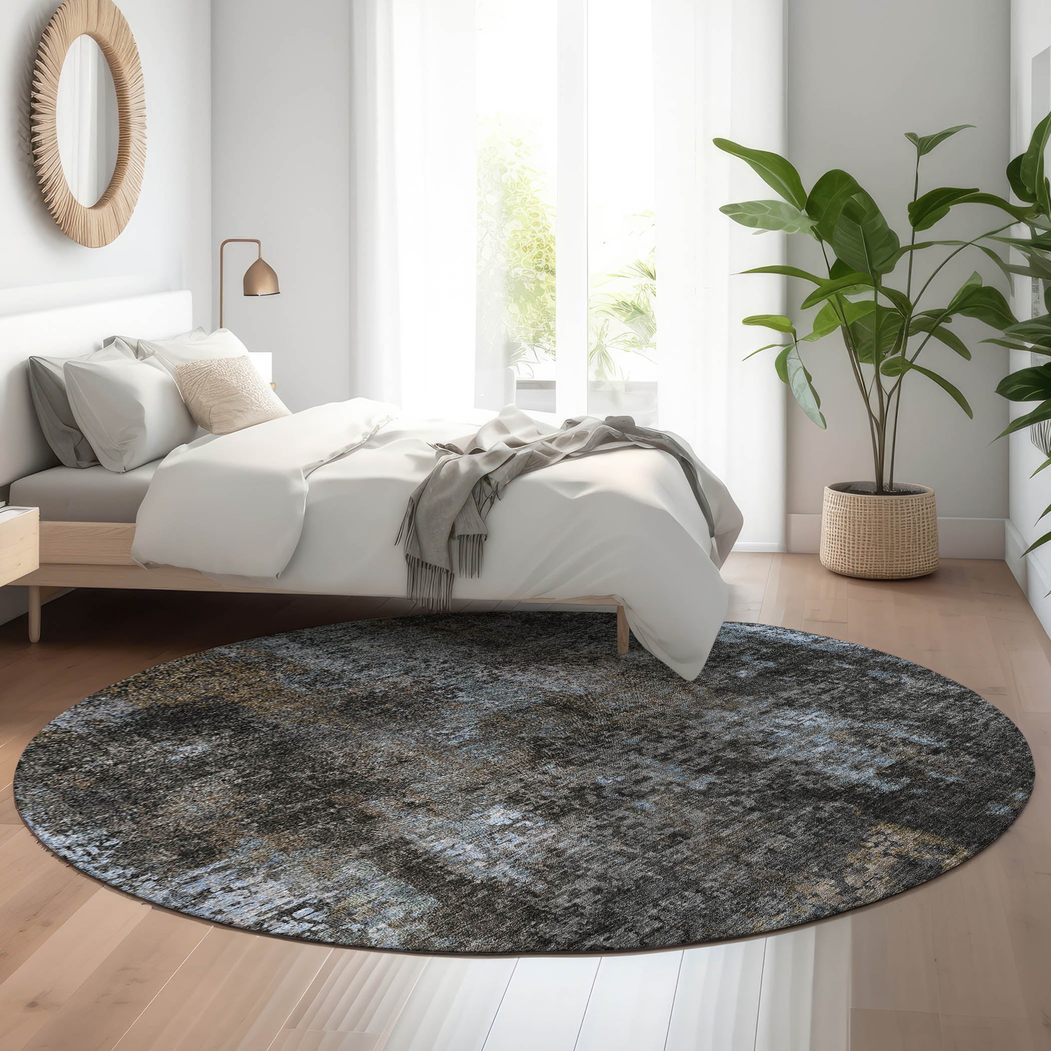 Florence Machine Washable Transitional Graphite Gray Rug 8' x 8' #shape_Round