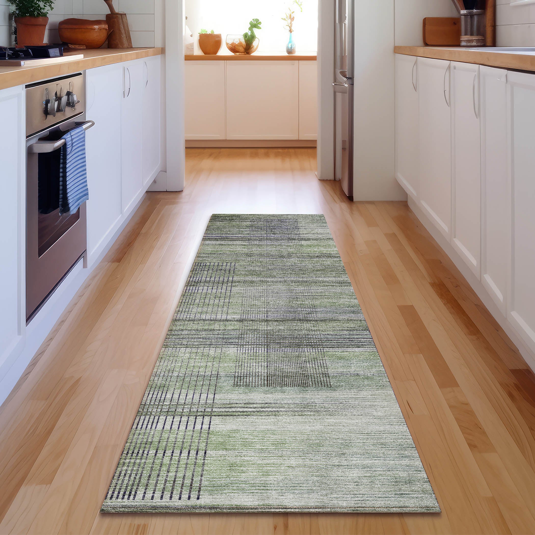 Prague Machine Washable Transitional Aloe Green Rug 2'3" x 7'6" #shape_Runner