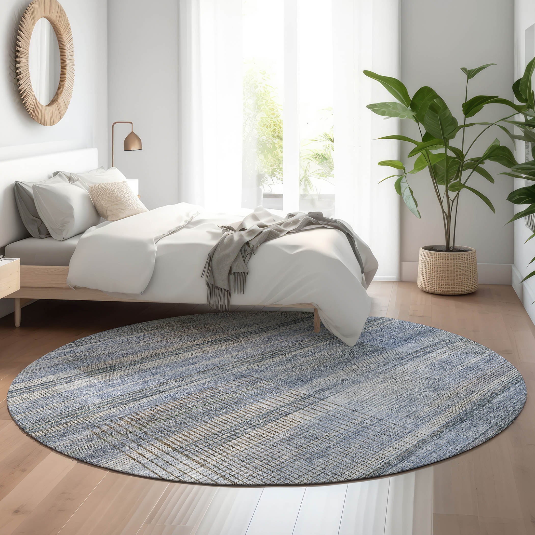 Prague Machine Washable Transitional Blue Rug 8' x 8' #shape_Round