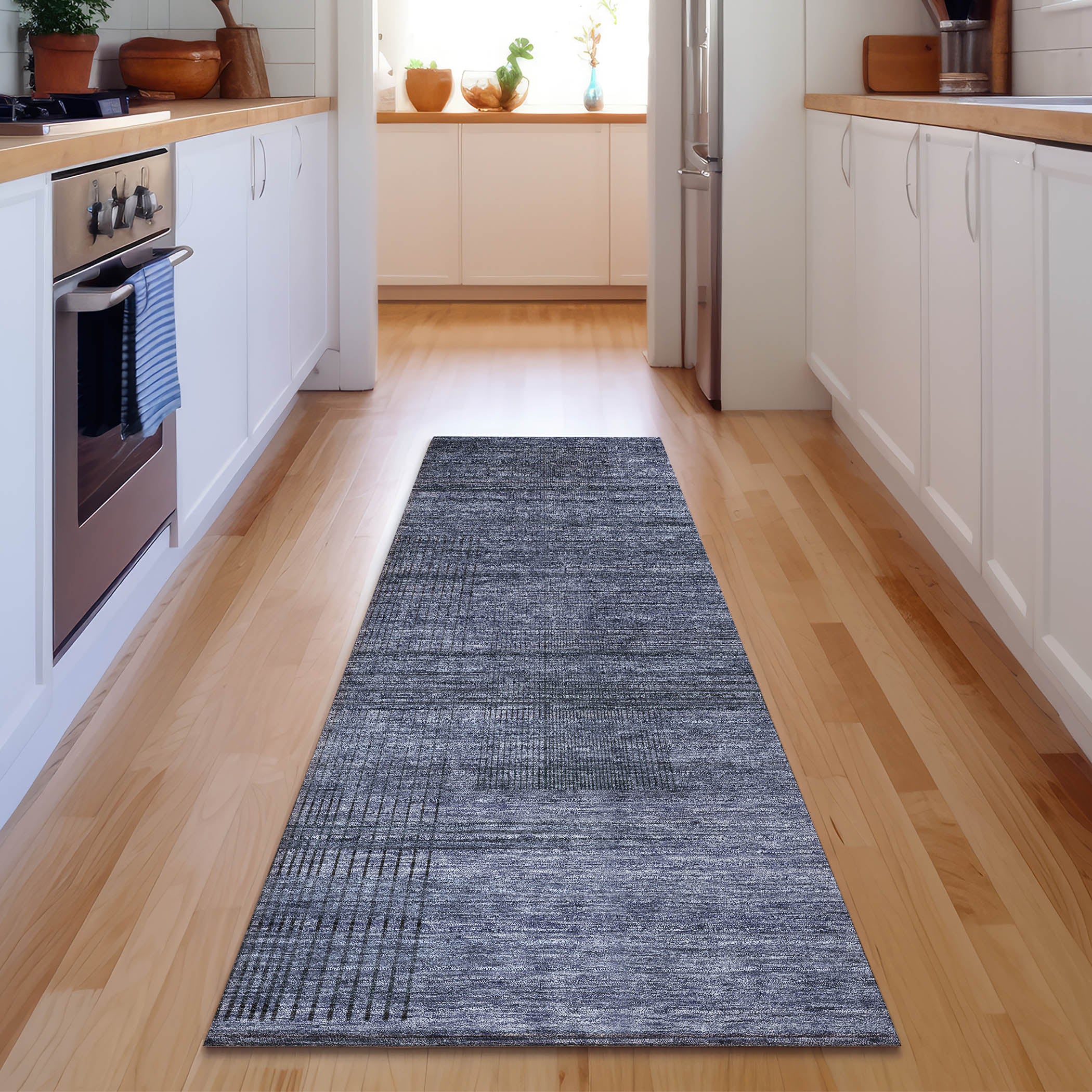 Porto Machine Washable Transitional Navy Blue Rug 2'3" x 7'6" #shape_Runner