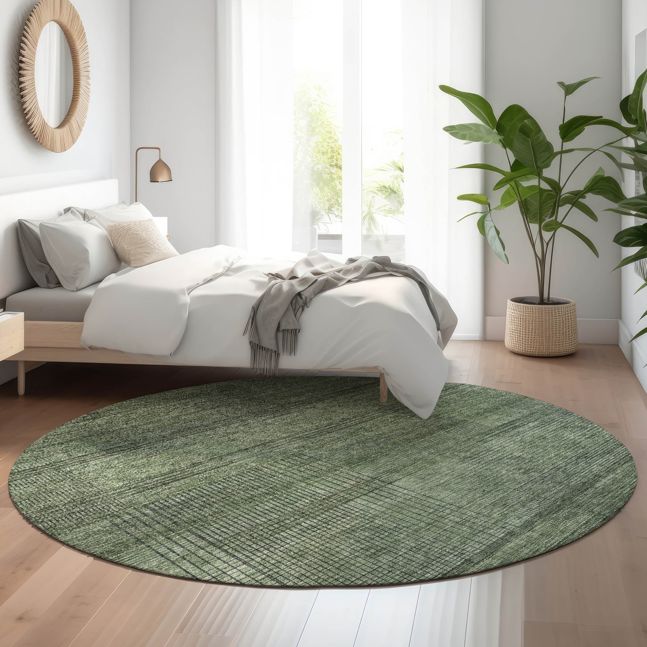 Porto Machine Washable Transitional Olive Green Rug 8' x 8' #shape_Round