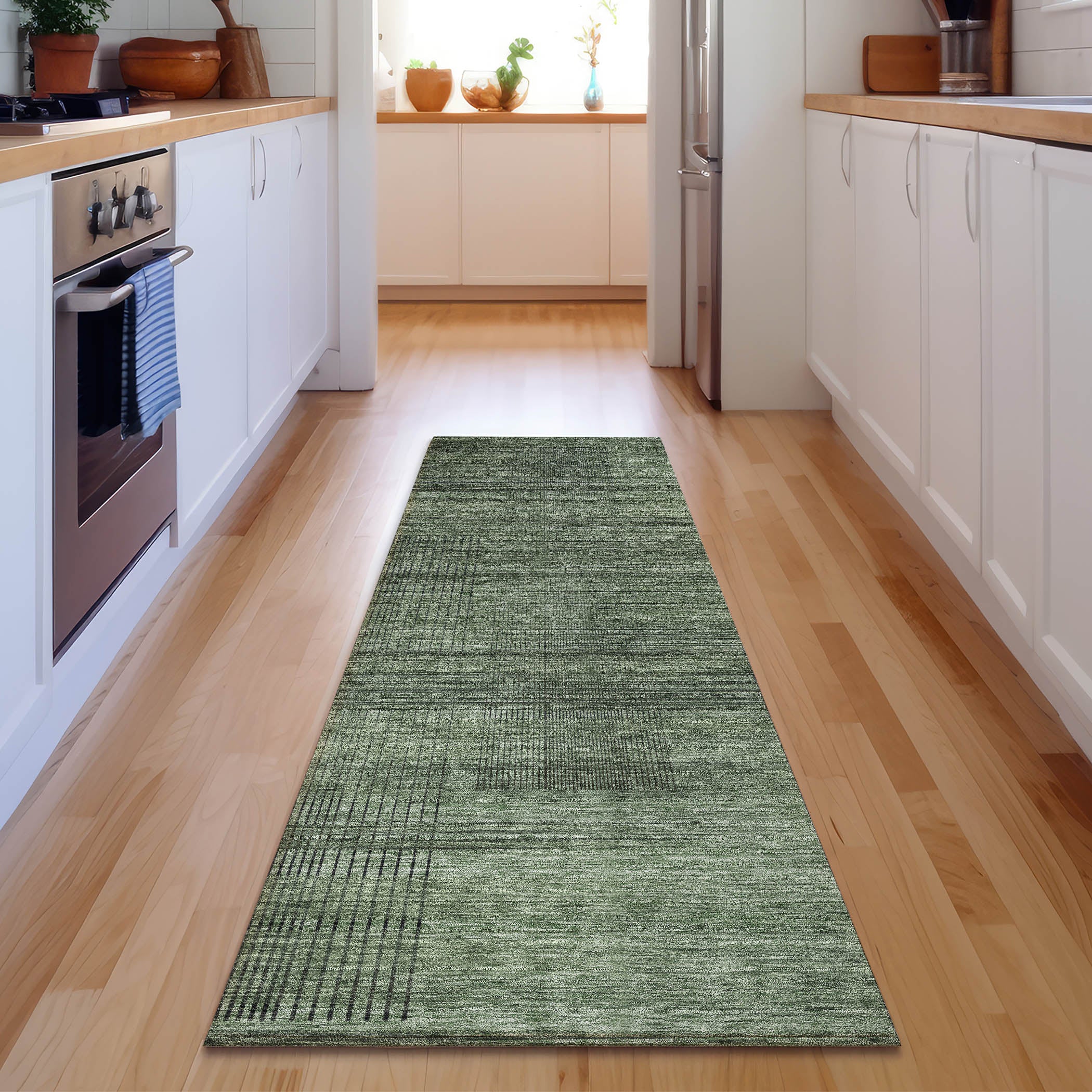 Porto Machine Washable Transitional Olive Green Rug 2'3" x 7'6" #shape_Runner