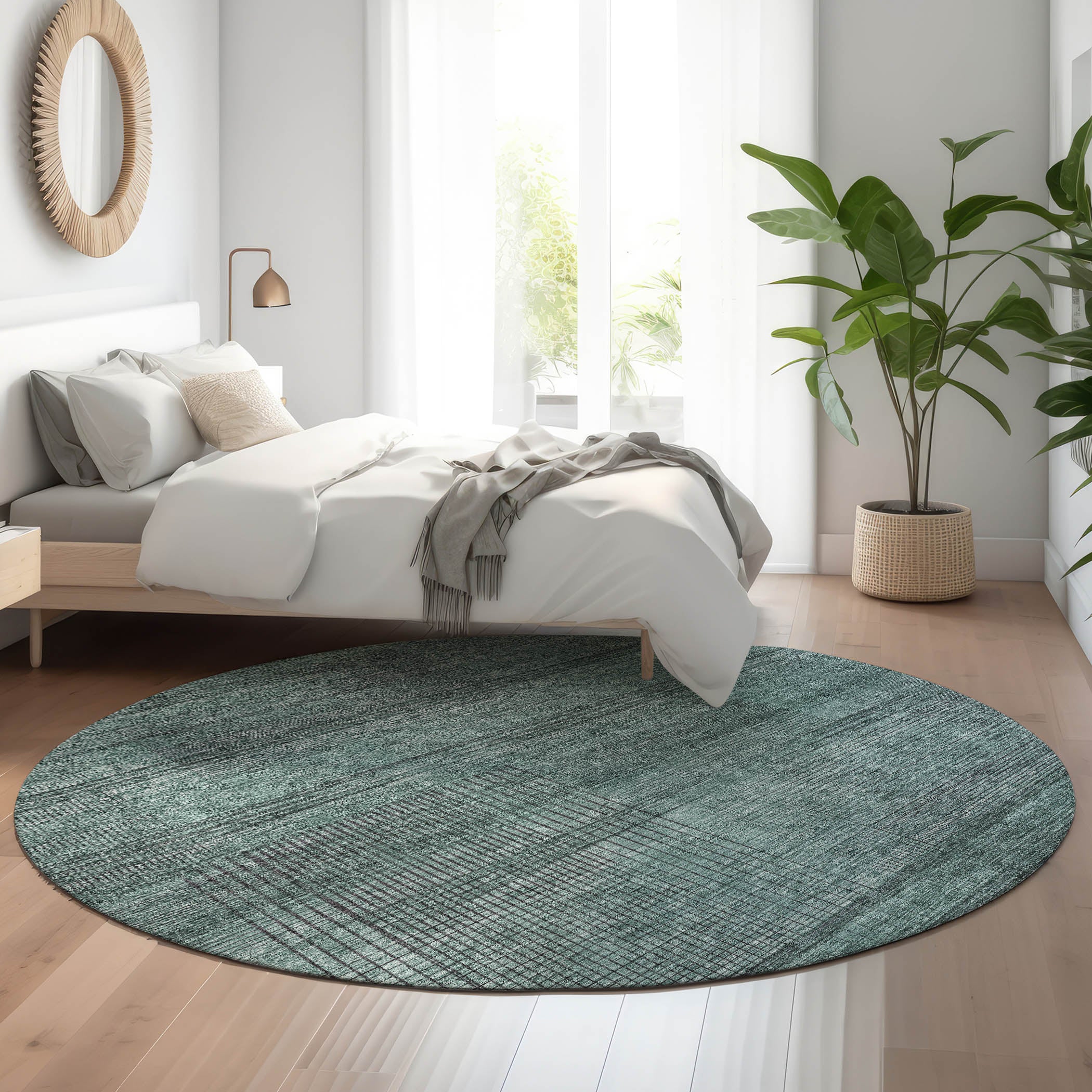 Porto Machine Washable Transitional Teal Rug 8' x 8' #shape_Round