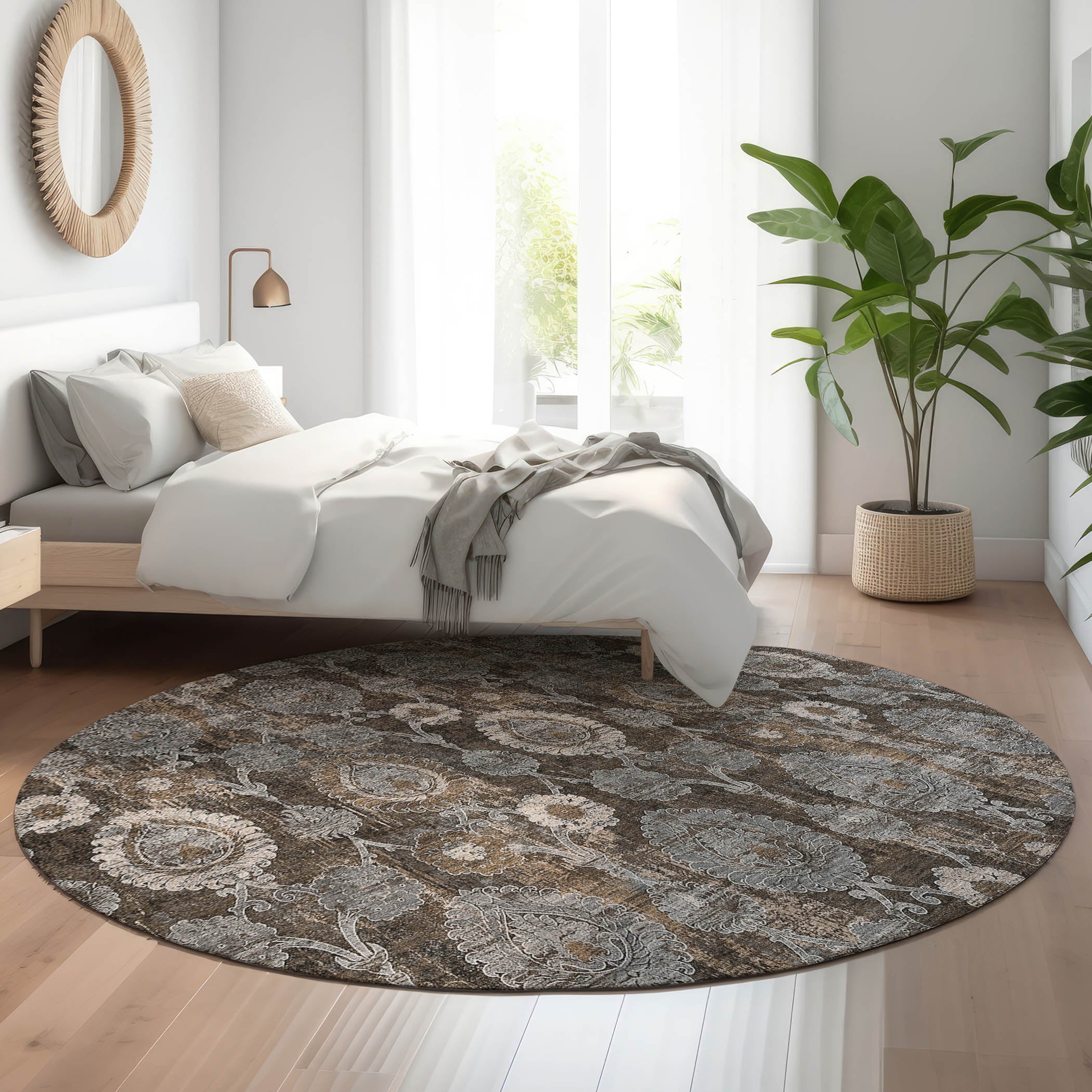 Seoul Machine Washable Transitional Chocolate Brown Rug 8' x 8' #shape_Round