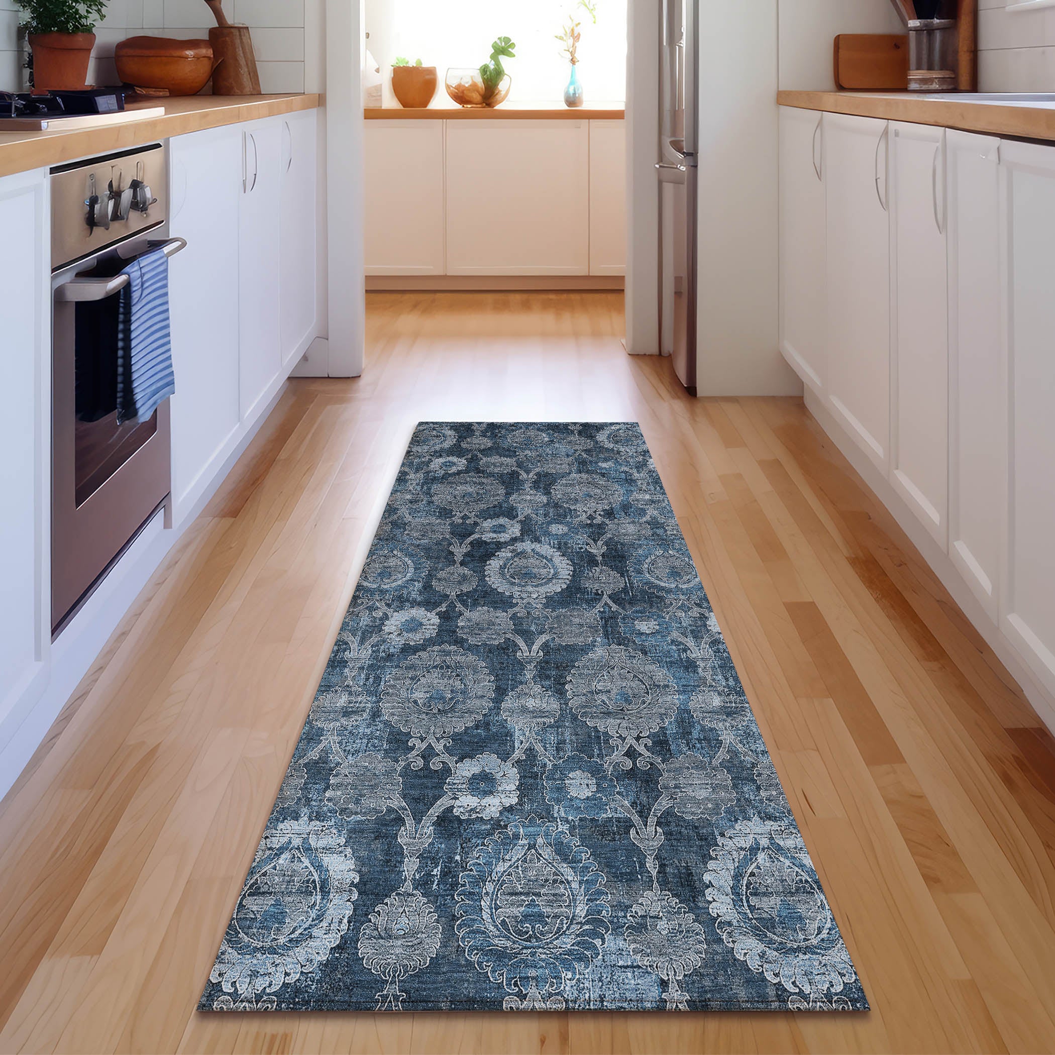 Seoul Machine Washable Transitional Navy Blue Rug 2'3" x 7'6" #shape_Runner