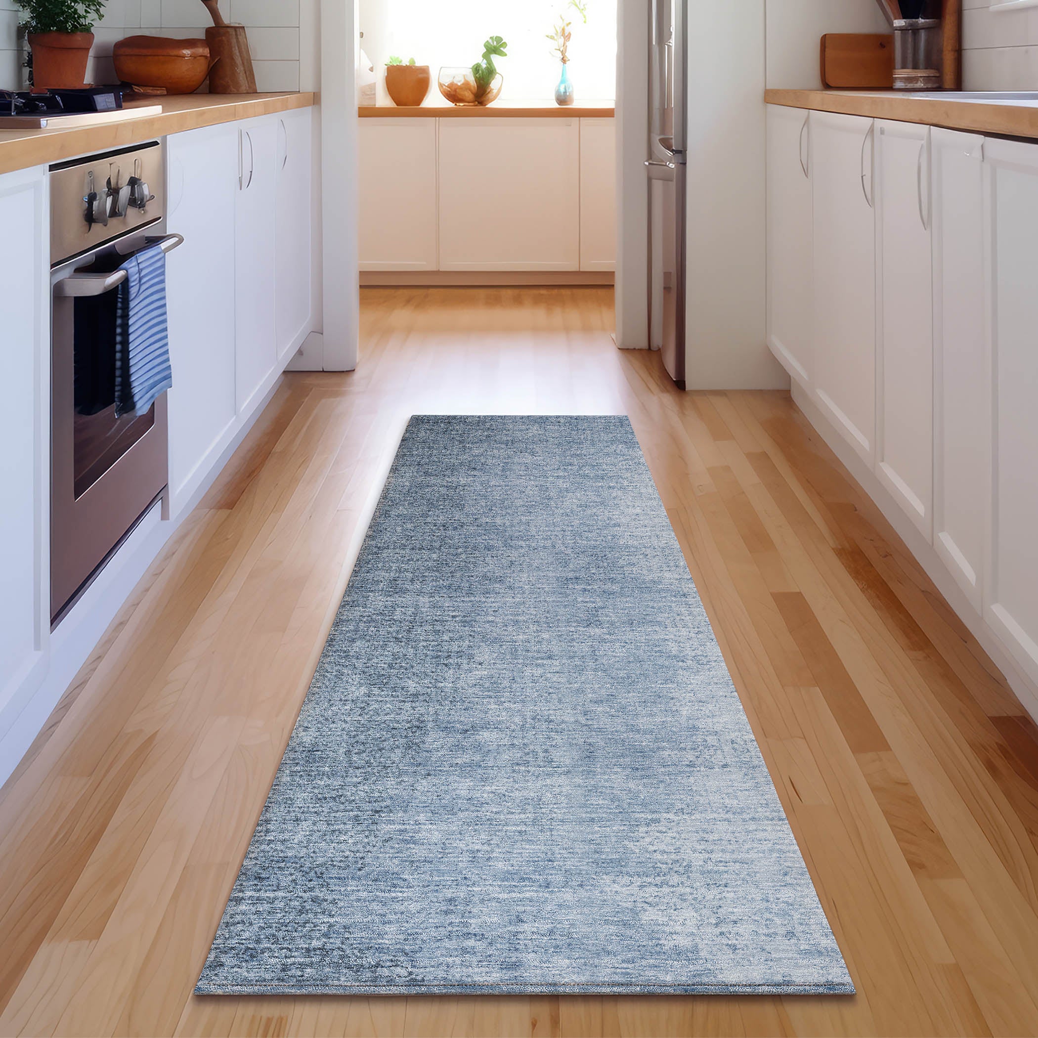 Mostar Machine Washable Transitional Blue Rug 2'3" x 7'6" #shape_Runner