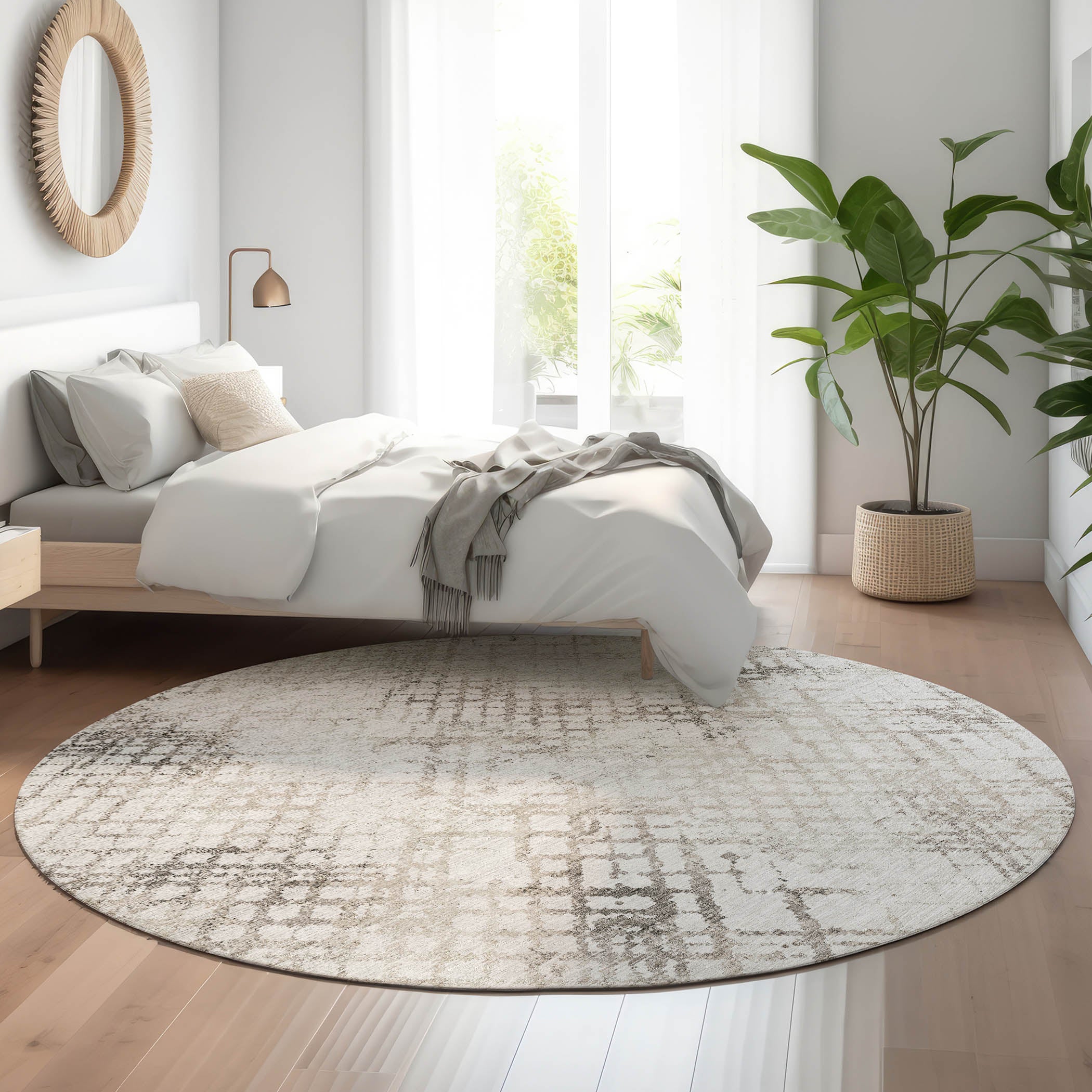 Prague Machine Washable Transitional Taupe Brown Rug 8' x 8' #shape_Round