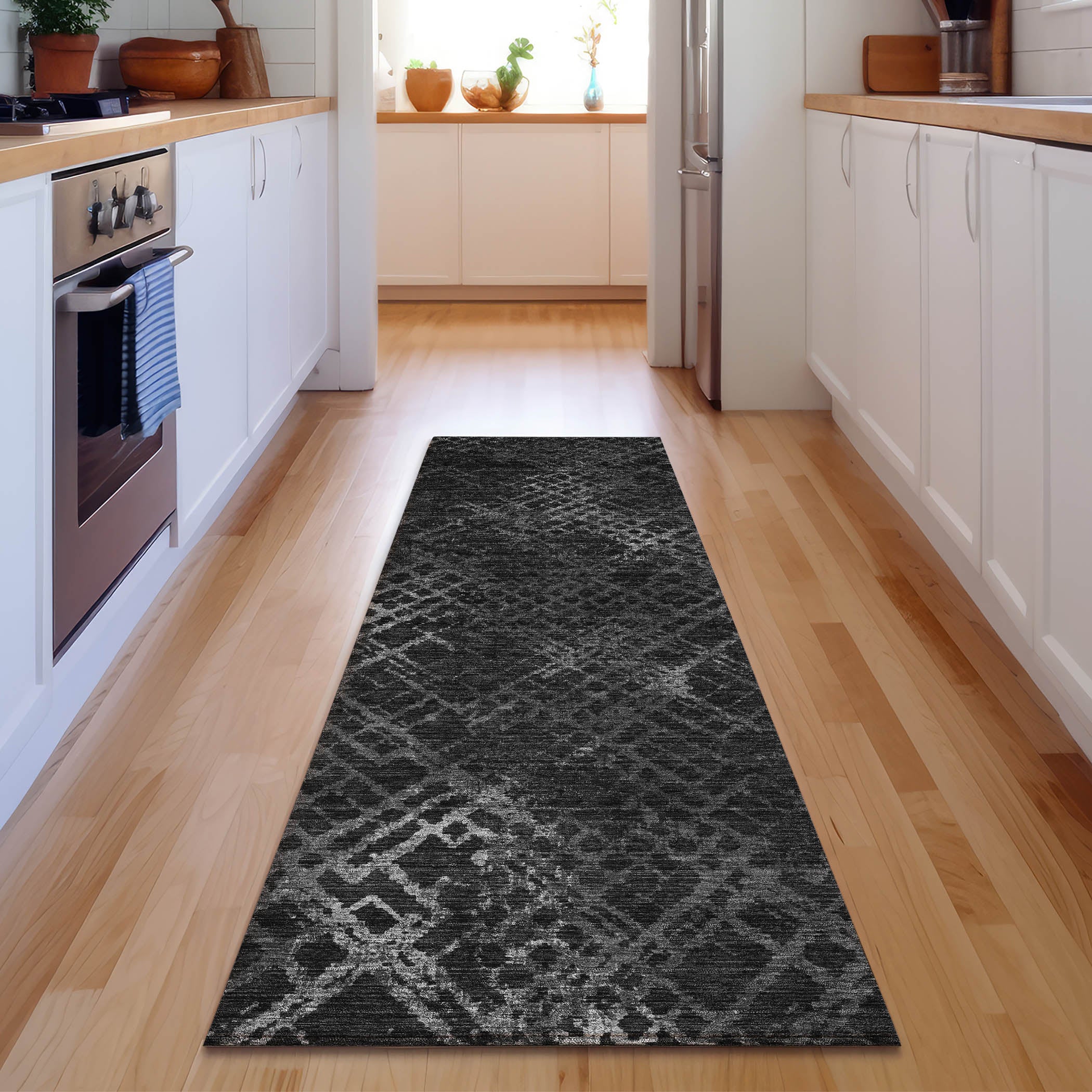 Tallinn Machine Washable Transitional Charcoal Gray Rug 2'3" x 7'6" #shape_Runner