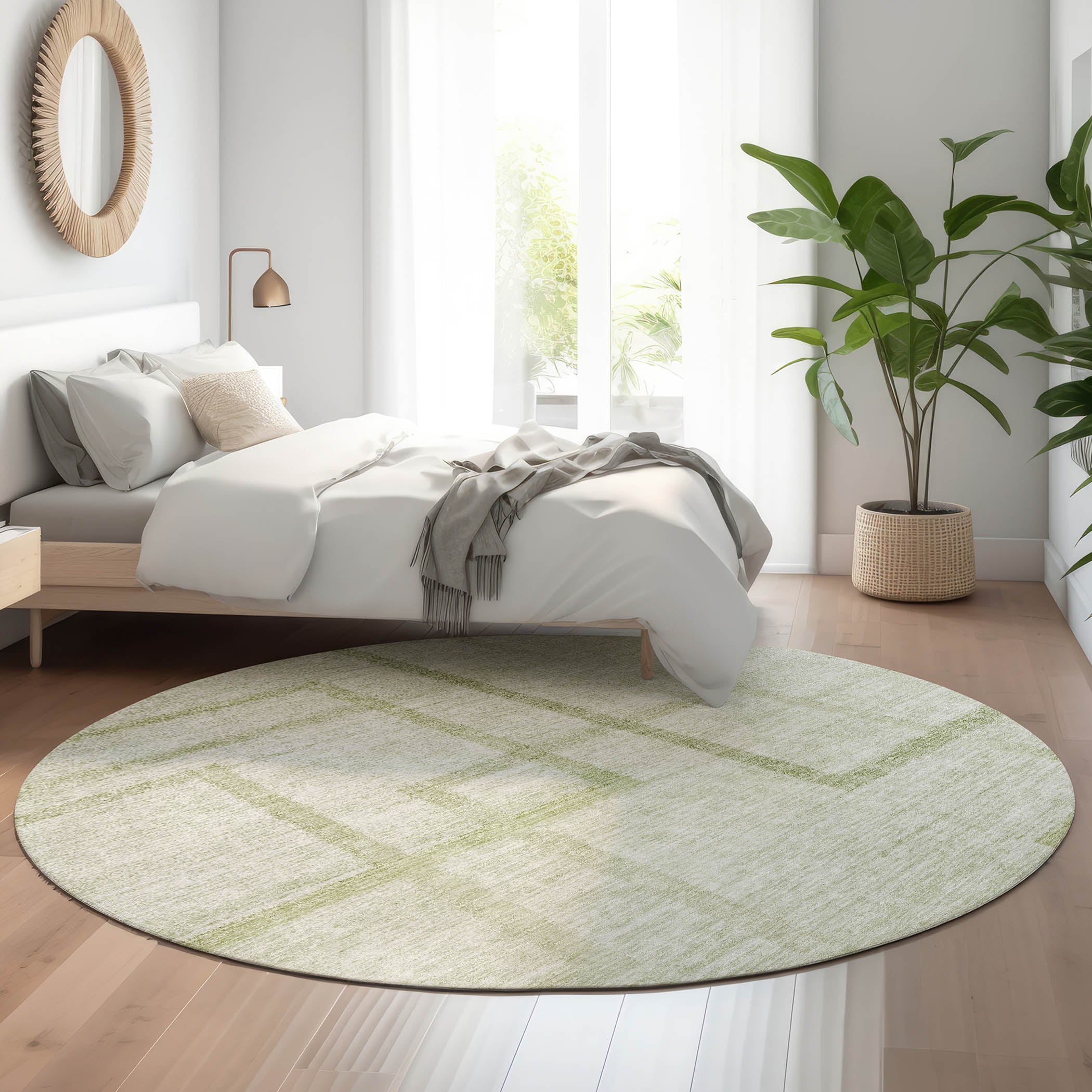 Montevideo Machine Washable Transitional Aloe Green Rug 8' x 8' #shape_Round