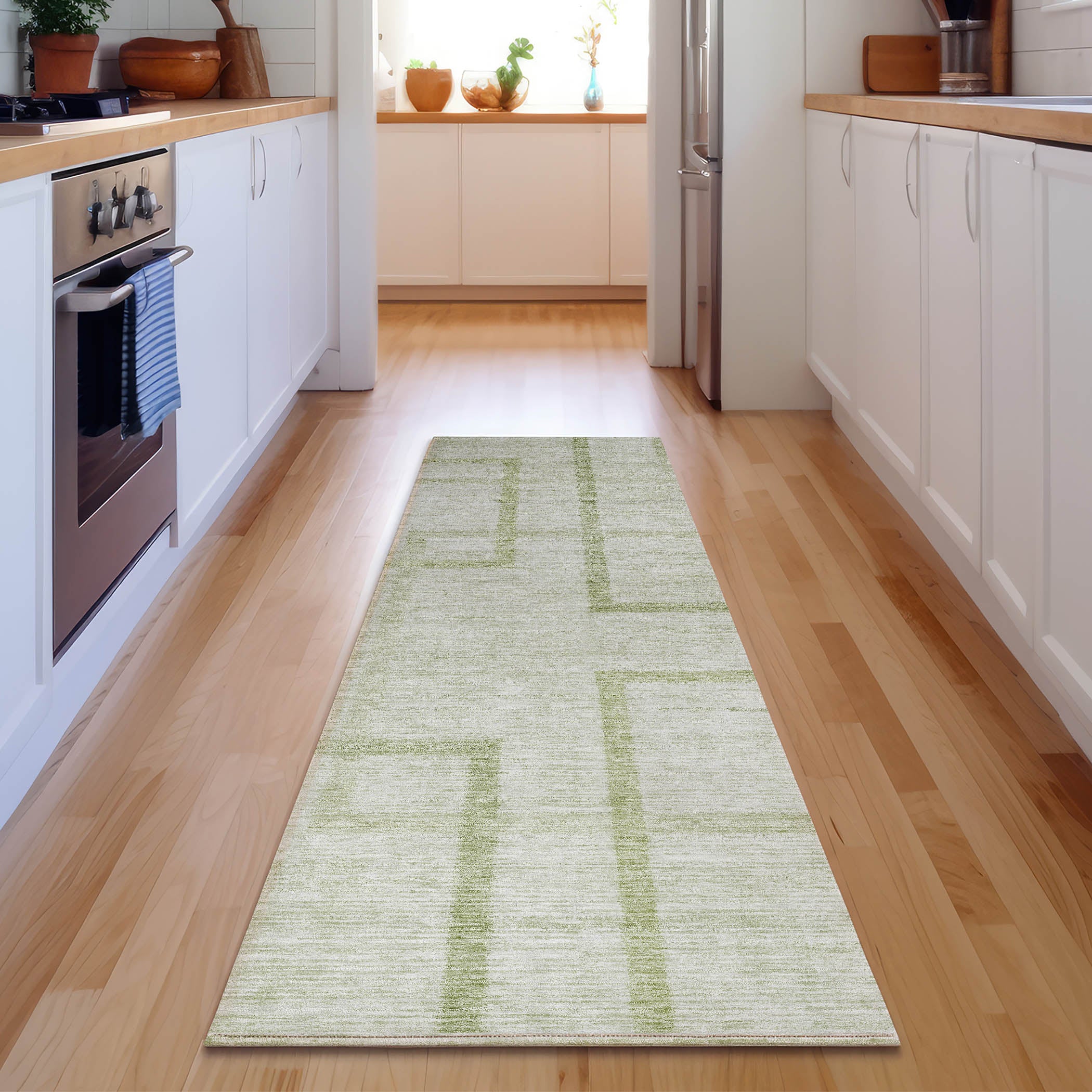 Montevideo Machine Washable Transitional Aloe Green Rug 2'3" x 7'6" #shape_Runner