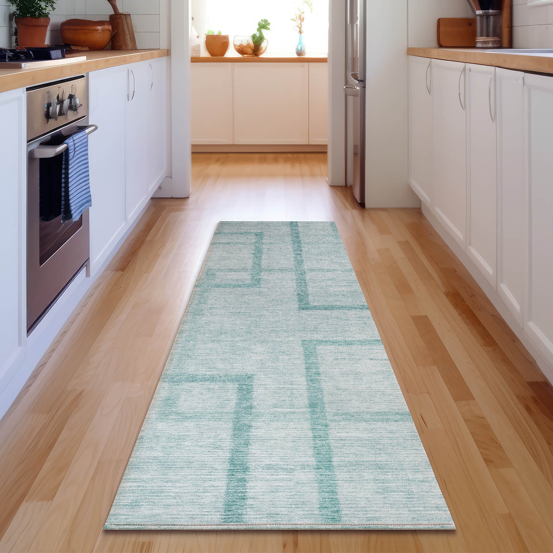 Montevideo Machine Washable Transitional Teal Rug 2'3" x 7'6" #shape_Runner