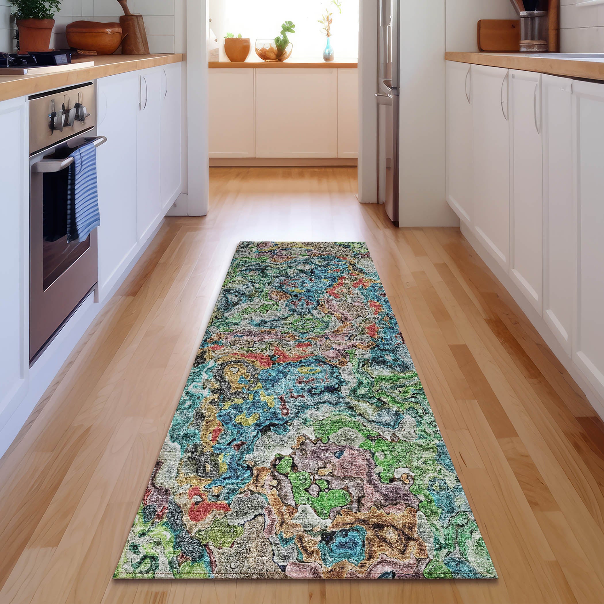 Seoul Machine Washable Transitional Blue Rug 2'3" x 7'6" #shape_Runner