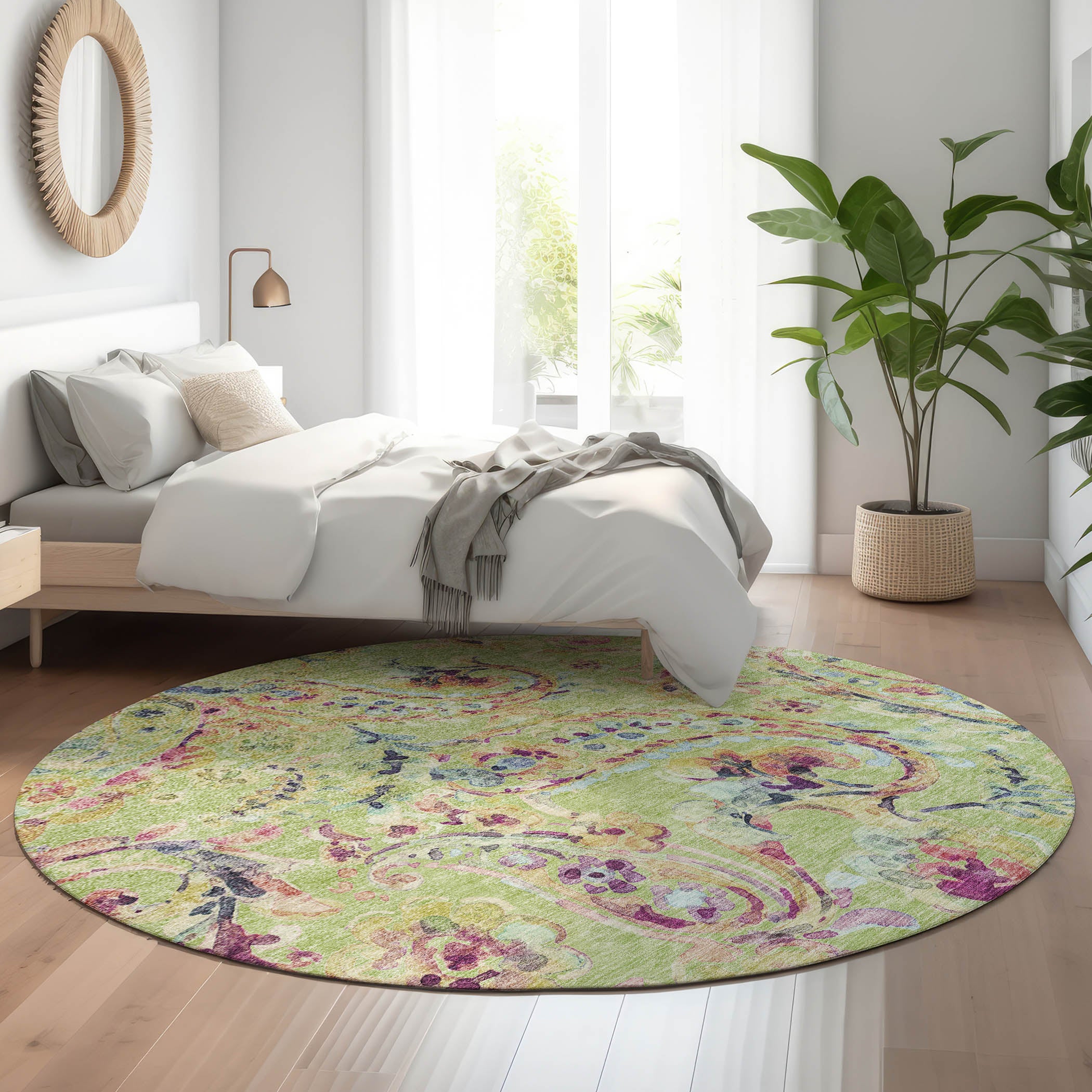Chiang Mai Machine Washable Transitional Aloe Green Rug 8' x 8' #shape_Round