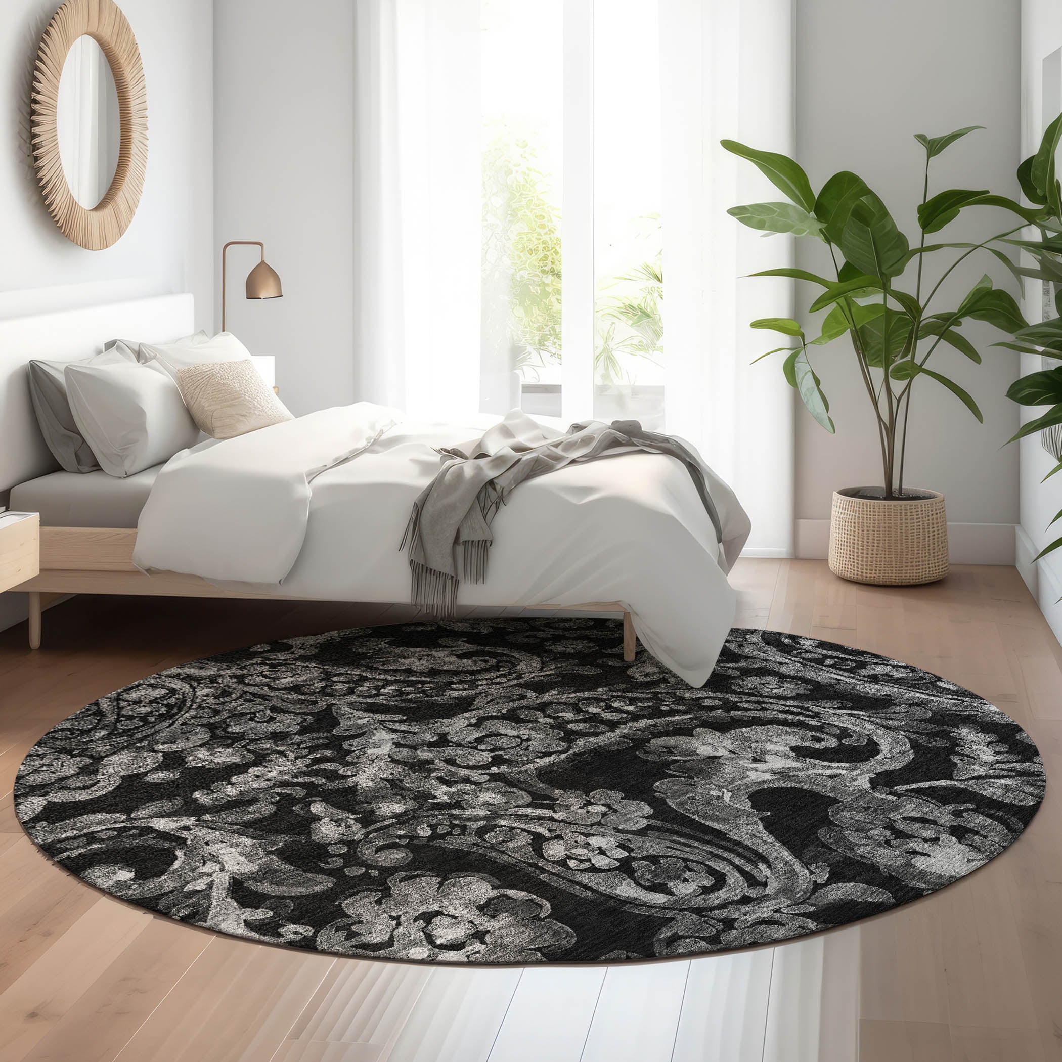Budapest Machine Washable Transitional Black Rug 8' x 8' #shape_Round